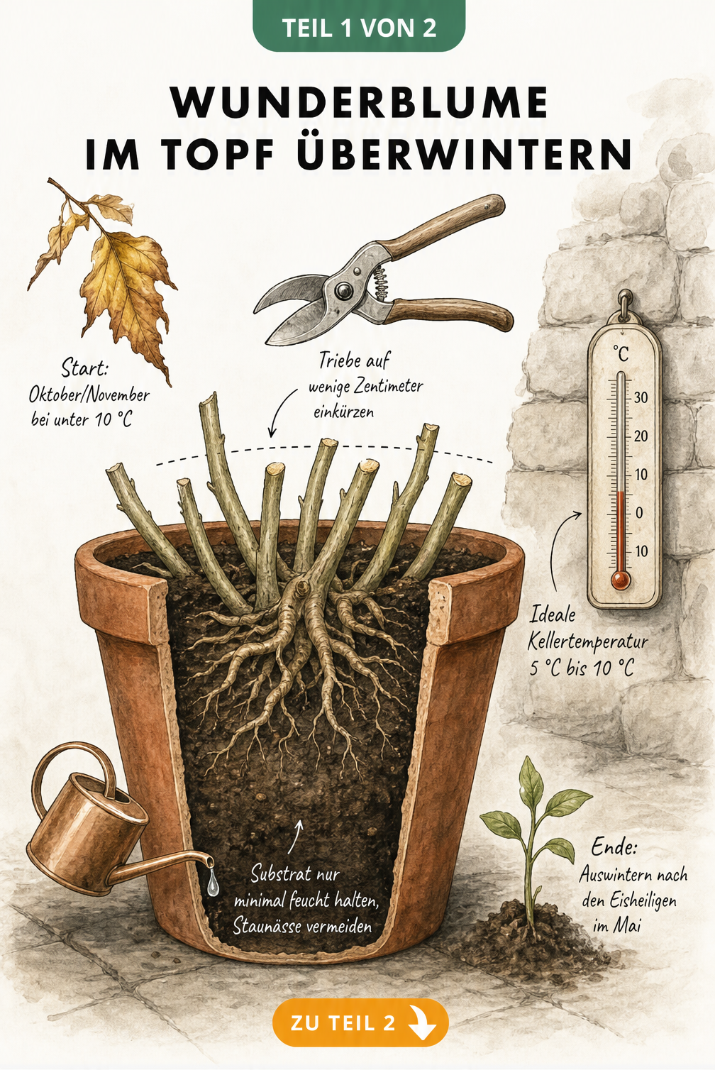 Illustration eines Terrakotta-Topfes im Querschnitt mit einer Wunderblume im Winterquartier, Gartenschere und Thermometer