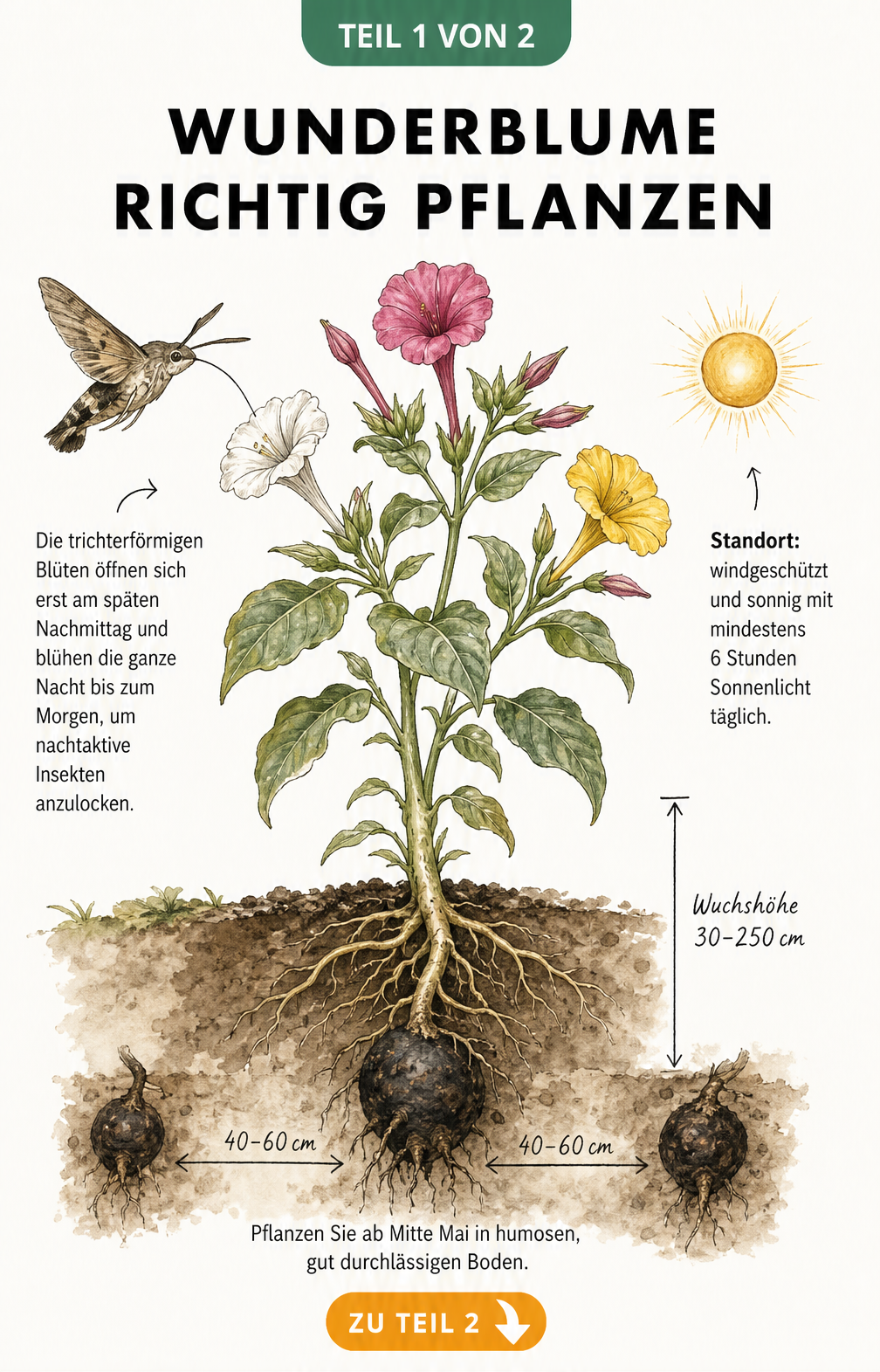 Botanische Illustration einer Wunderblume mit Wurzelknolle, Blüten und Nachtfalter sowie Angaben zu Standort und Pflanzabstand.