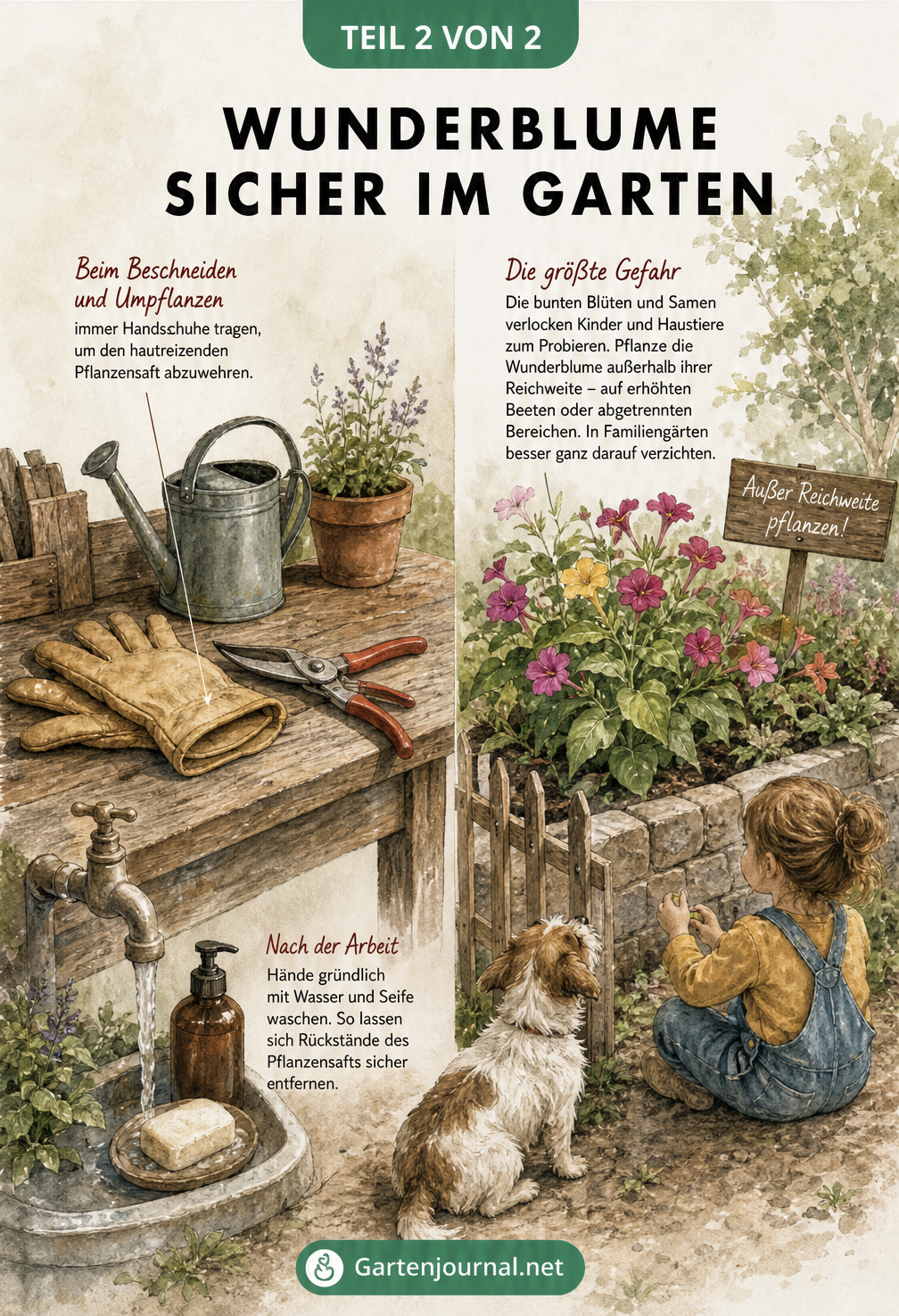Illustration eines Gartens mit Pflanztisch, Handschuhen und einer Wunderblume außer Reichweite von spielenden Kindern und Hunden