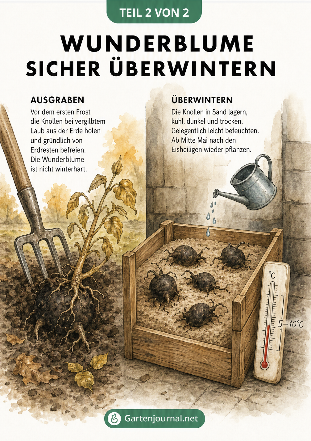 Aquarell-Zeichnung zum Überwintern der Wunderblume: Ausgraben der Wurzelknolle im Beet und Lagerung in einer Sandkiste im Keller.