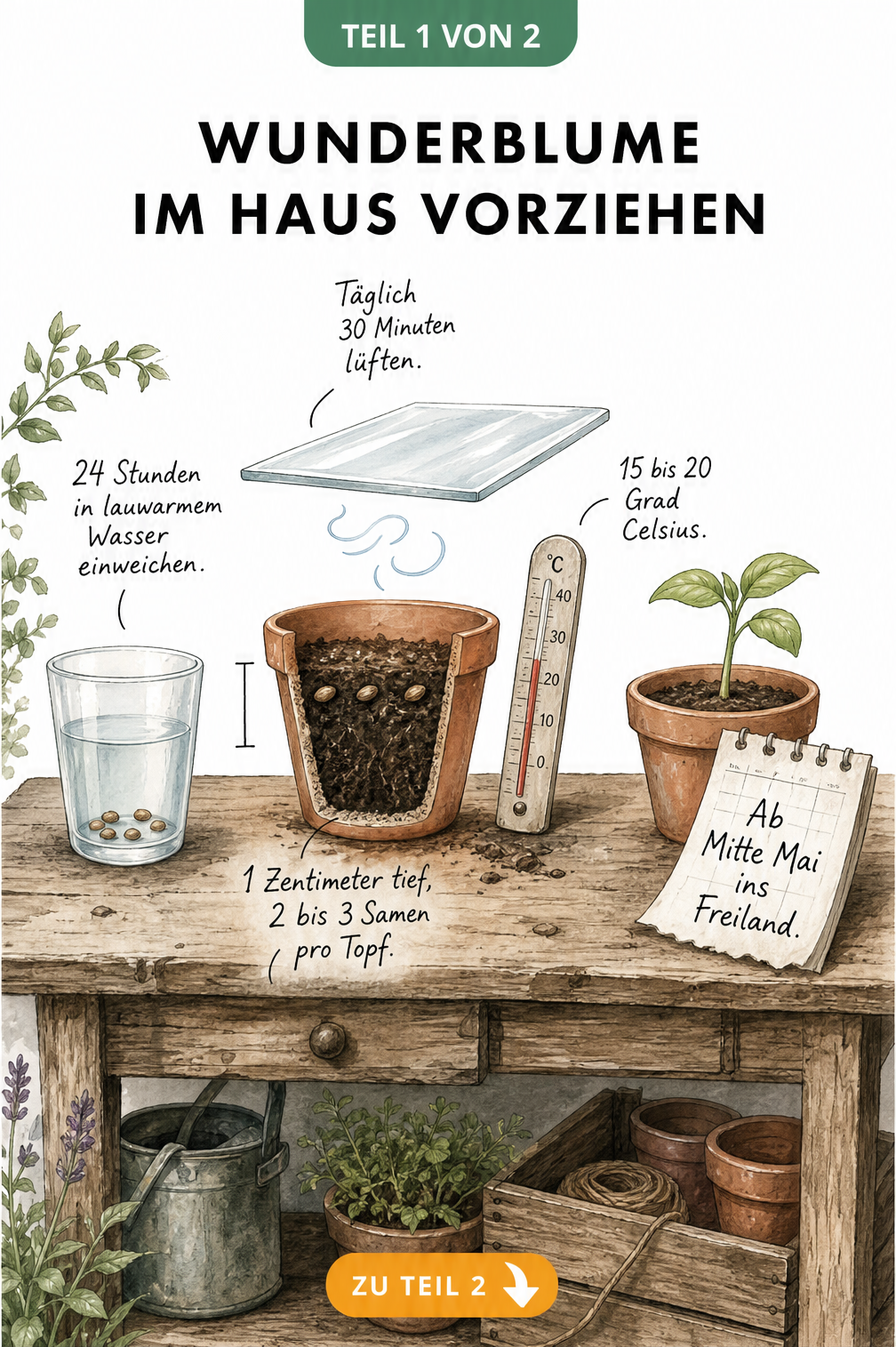 Illustration eines Pflanztisches mit Utensilien zur Vorzucht der Wunderblume im Haus, inklusive Samen, Anzuchttopf und Thermometer.