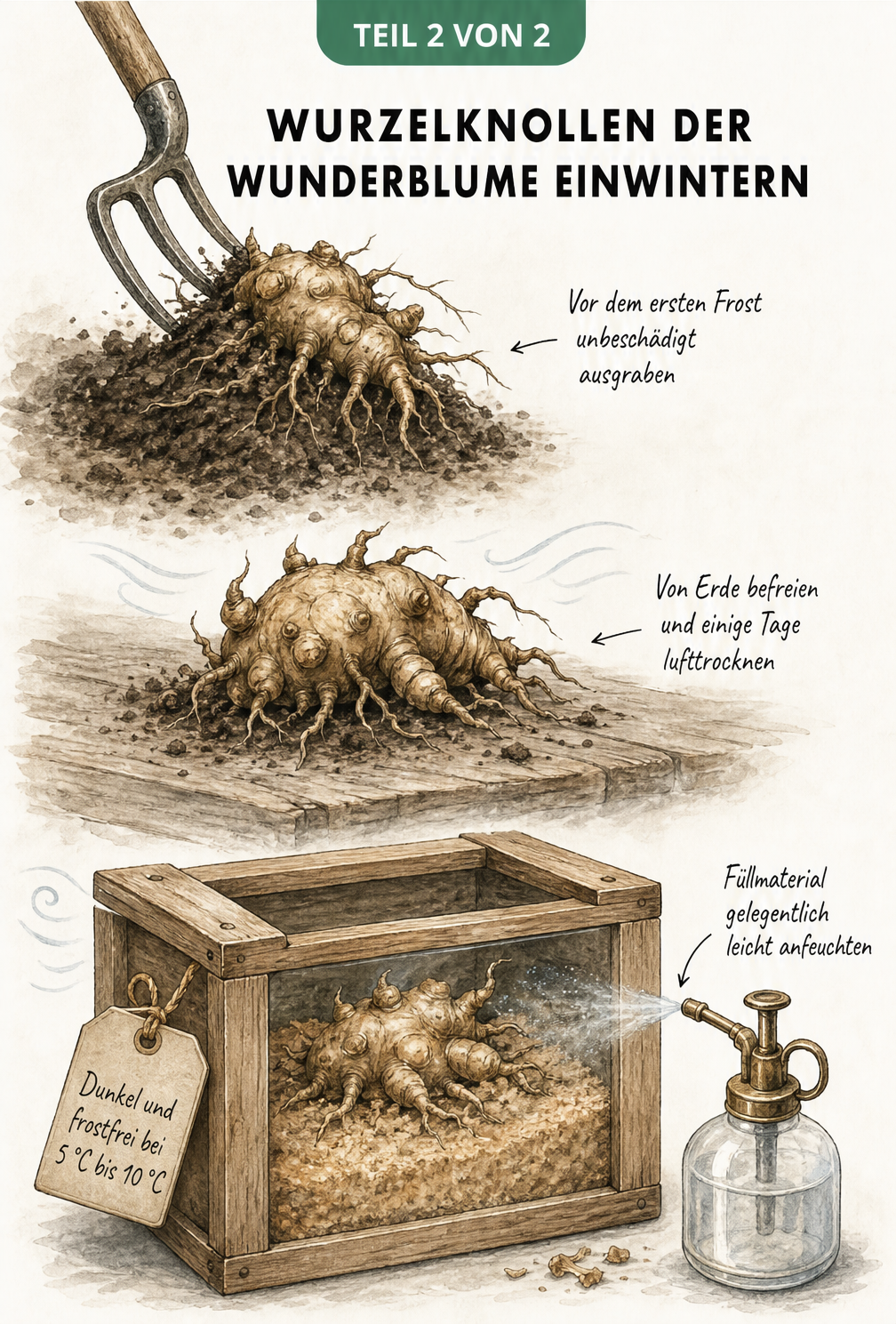 Illustration des Einwinterns von Wurzelknollen der Wunderblume, vom Ausgraben bis zur Lagerung in einer Holzkiste mit Sand