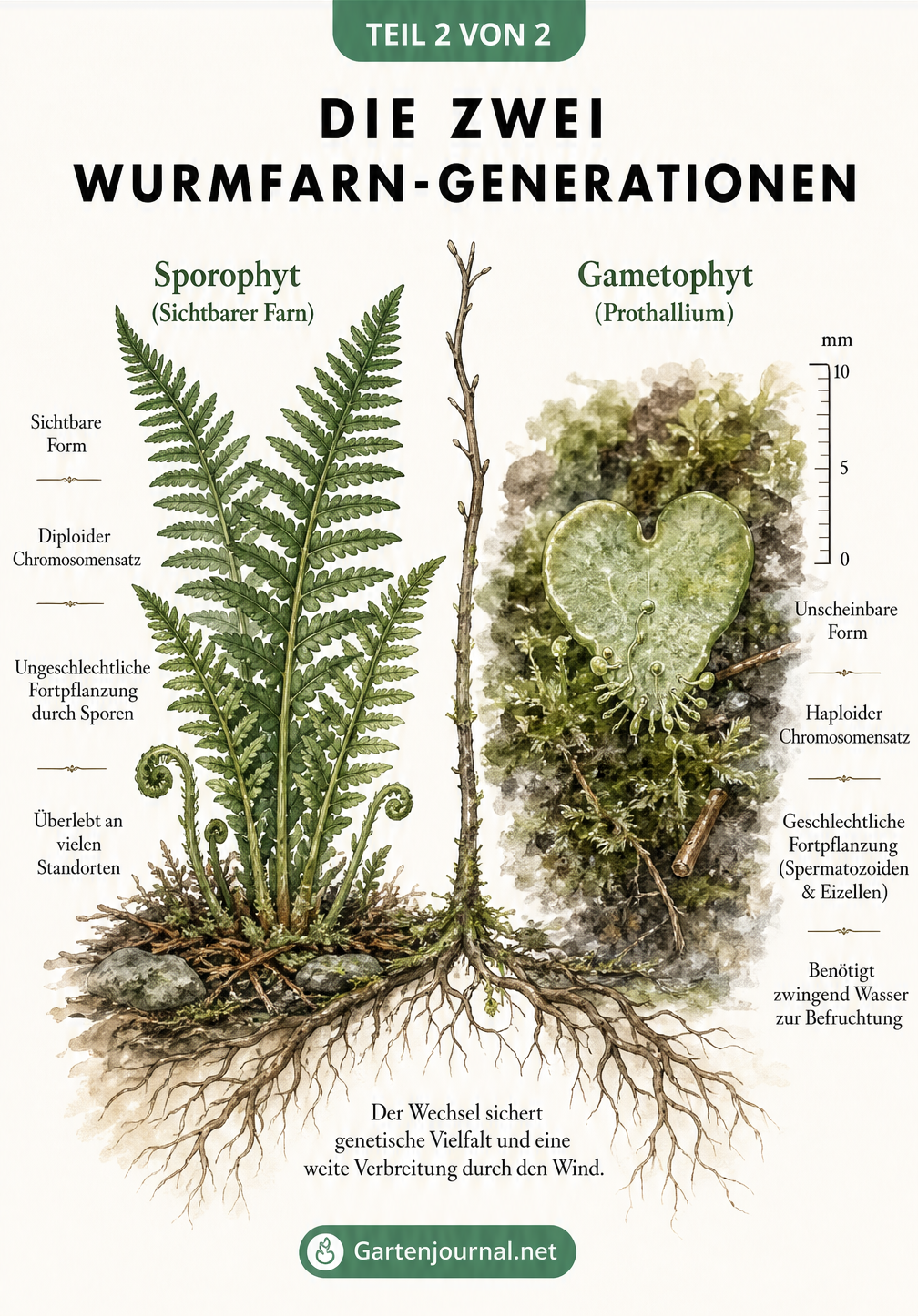 Vergleich der zwei Wurmfarn-Generationen: großer Sporophyt und winziges Prothallium