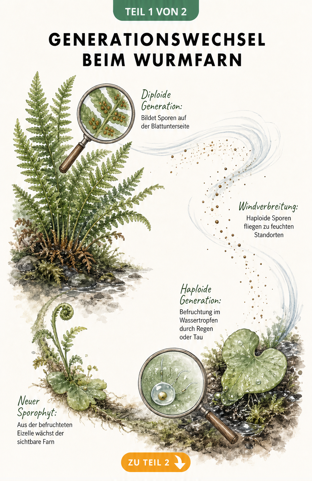 Illustration des Lebenszyklus beim Wurmfarn mit Sporenbildung, Windverbreitung und Befruchtung im Wassertropfen