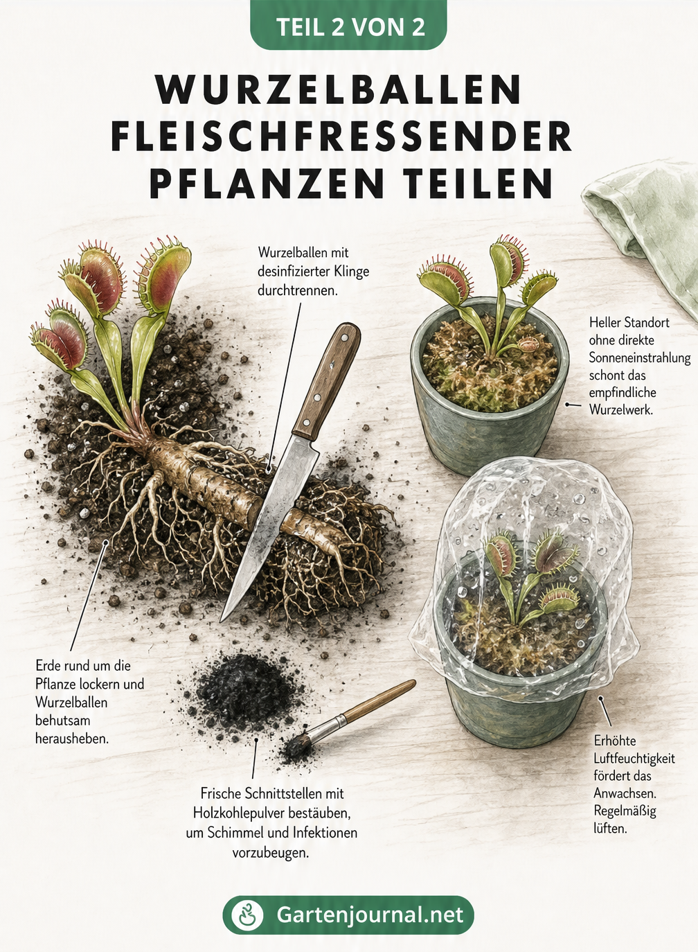 Illustration der Wurzelteilung einer Venusfliegenfalle: Wurzelballen lockern, Rhizom durchtrennen, Schnittstellen mit Holzkohlepulver bestäuben und neu...