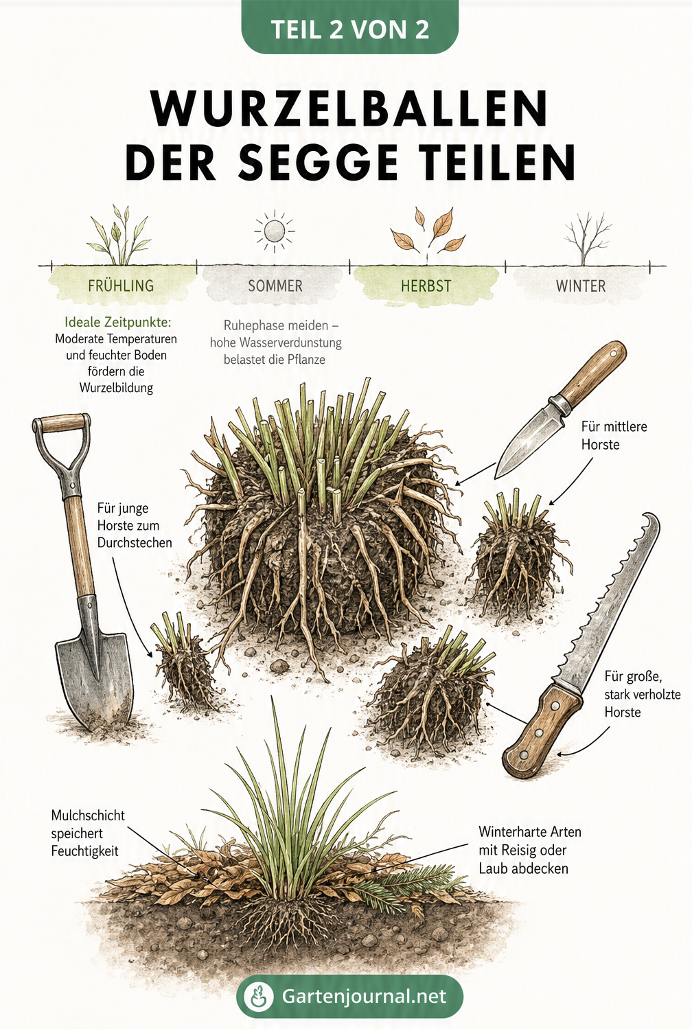 Illustration eines Seggen-Wurzelballens mit Zeitleiste für Frühjahr und Herbst. Gartenwerkzeuge wie Spaten, Messer und Handsäge für verschiedene Horstgrößen.