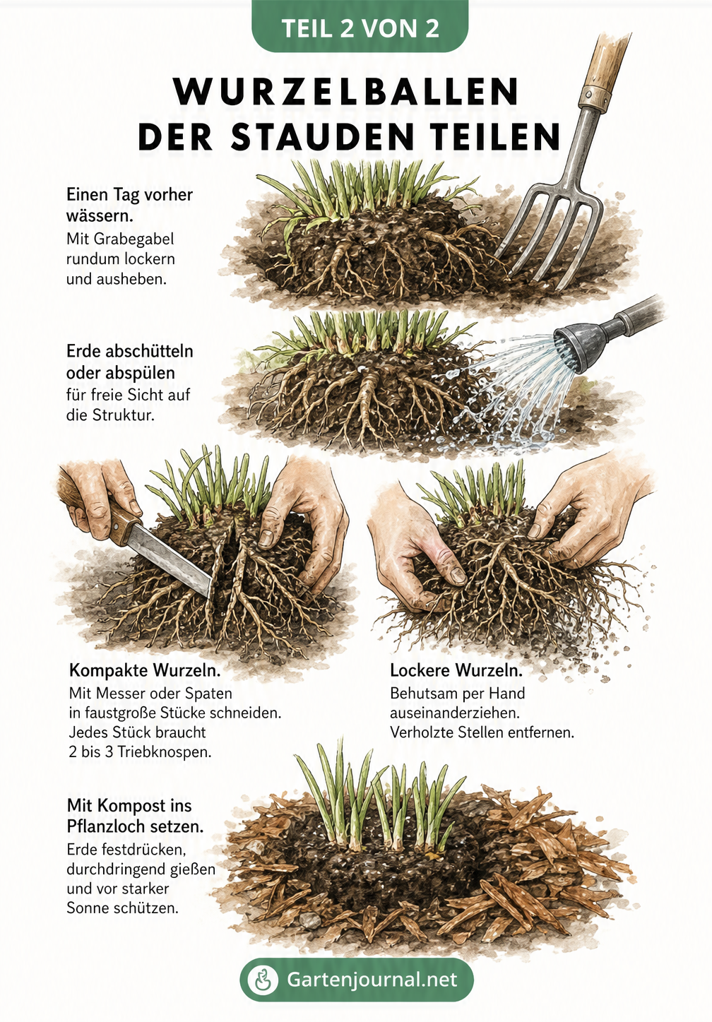 Anleitung zum Teilen von Wurzelballen mit Grabegabel und Messer