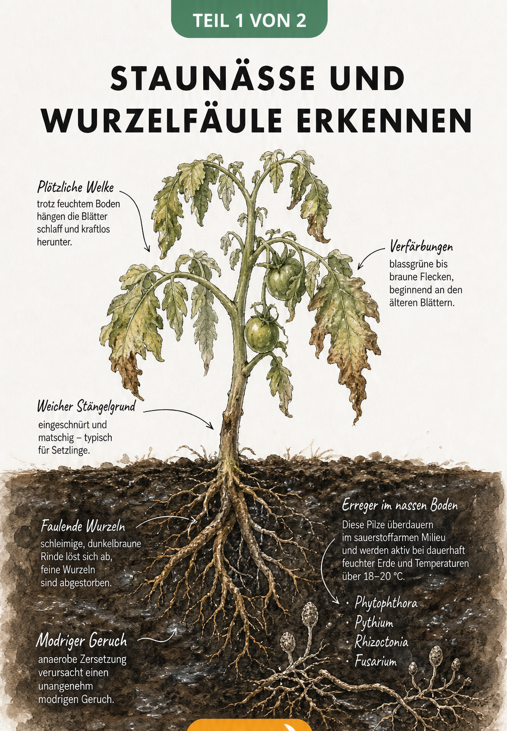 Botanische Querschnitt-Illustration einer kranken Pflanze mit Symptomen von Wurzelfäule und Staunässe im Boden