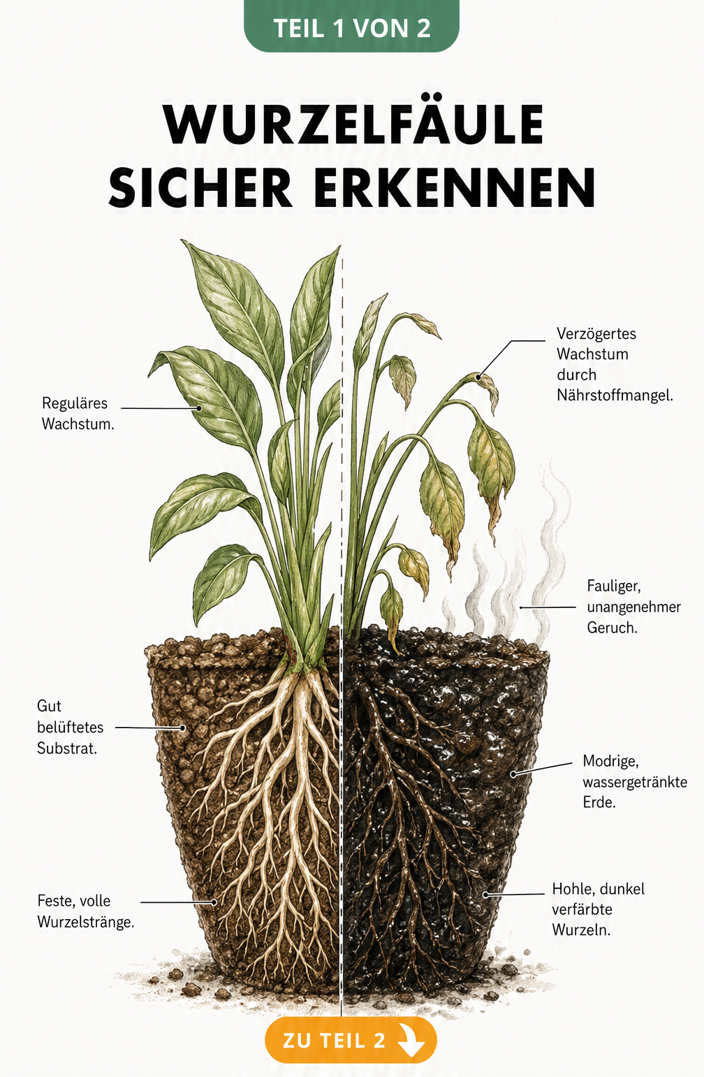 Botanische Illustration einer Pflanze im Querschnitt, die links gesundes Wachstum und rechts Symptome von Wurzelfäule wie hängende Blätter und dunkle Wurzeln...