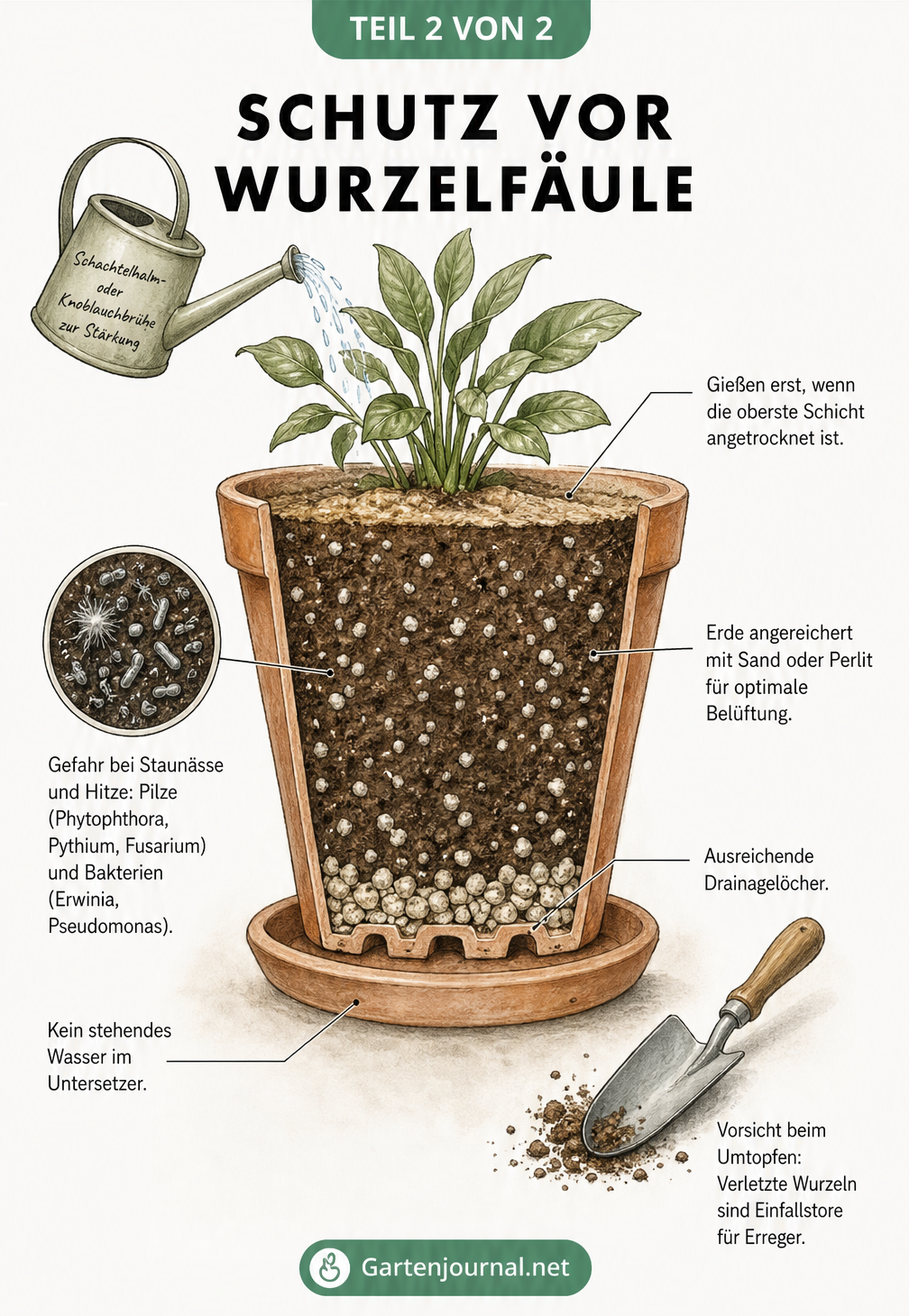 Querschnitt eines Blumentopfs mit Hinweisen zur Vermeidung von Wurzelfäule durch richtige Erde, Drainage und Gießverhalten.