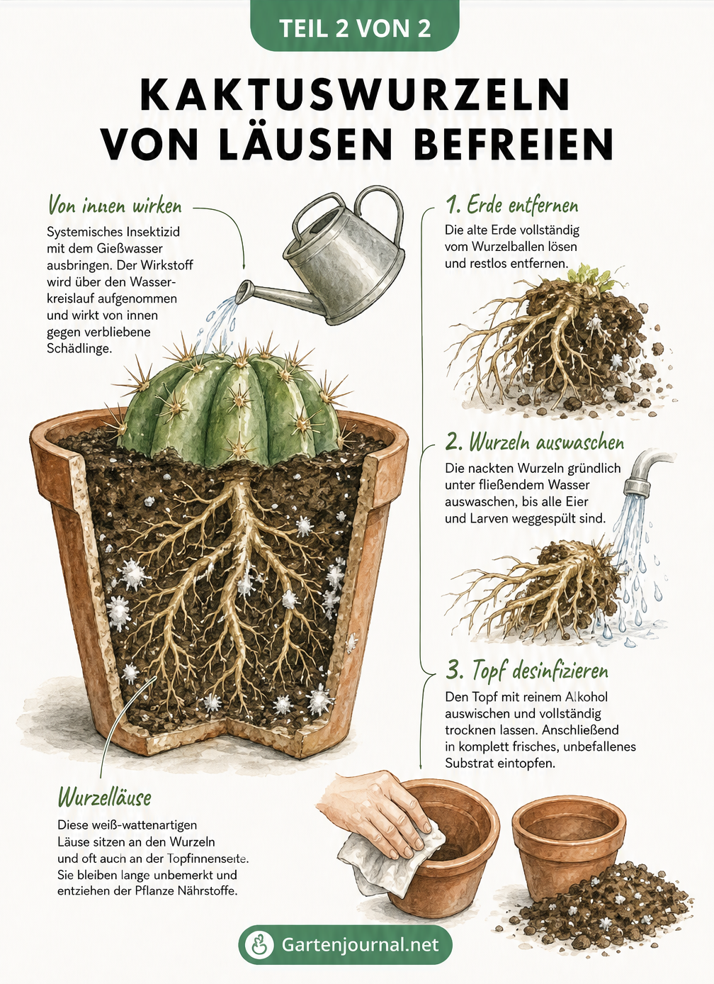 Schnittbild eines Kaktus im Topf, das Wurzelläuse an den Wurzeln zeigt, sowie Schritte zur Reinigung und zum Umtopfen