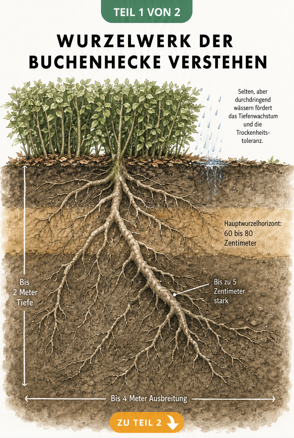 Illustration des Wurzelsystems einer Buchenhecke als Herzwurzler mit Maßangaben zu Tiefe und Ausbreitung