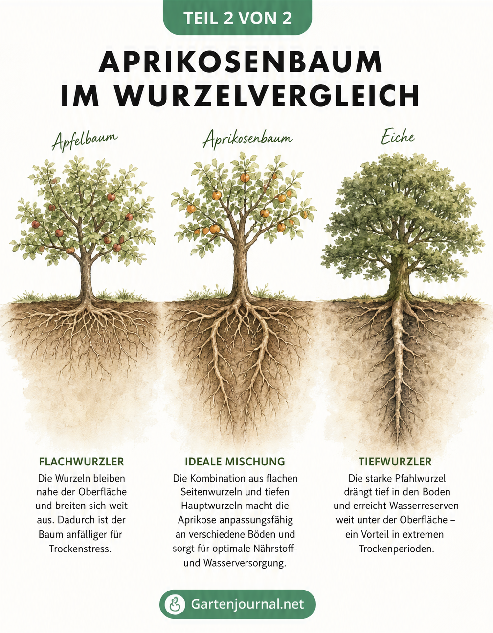 Vergleich der Wurzelsysteme von Apfelbaum, Aprikosenbaum und Eiche