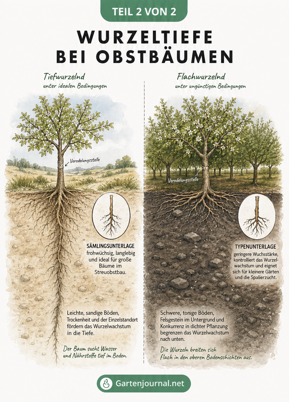 Vergleich der Wurzeltiefe eines Obstbaums in sandigem Boden als Einzelbaum und in schwerem Boden als Gruppenpflanzung