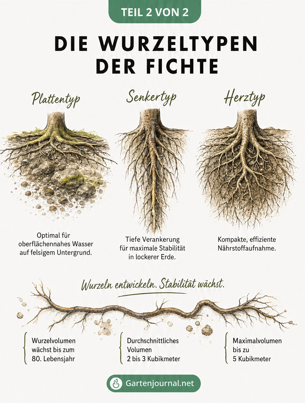 Illustration der drei Wurzeltypen der Fichte: Plattentyp, Senkertyp und Herztyp