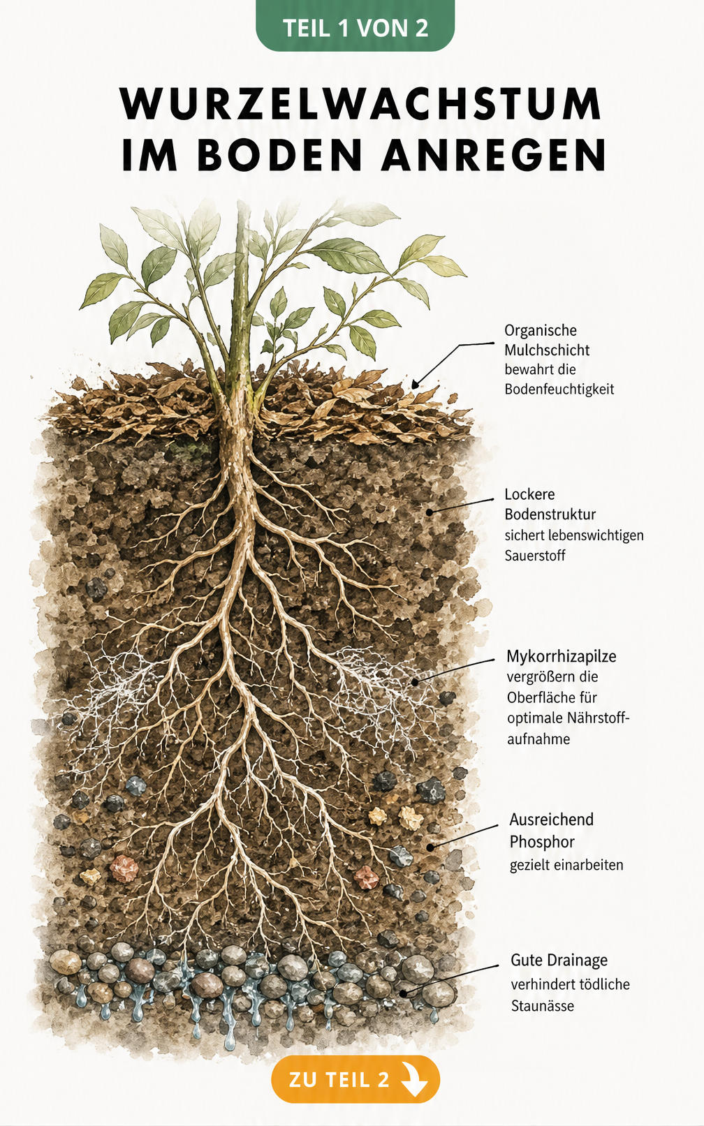 Botanische Querschnitt-Illustration eines tief reichenden Wurzelsystems mit Erklärungen zu Mulch, Bodenstruktur, Mykorrhizapilzen, Phosphor und Drainage