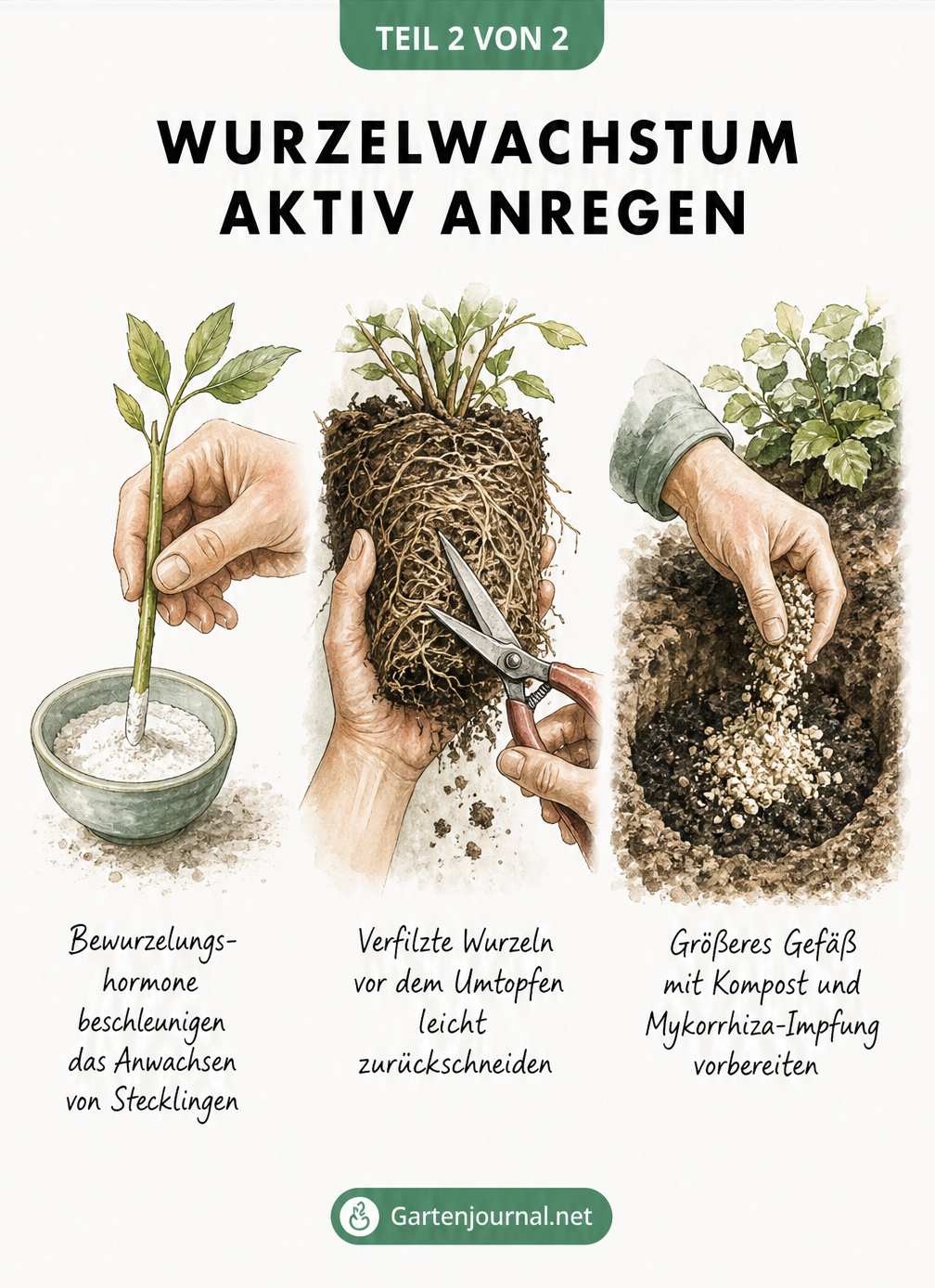 Drei Handlungs-Vignetten zeigen Gärtnerhände bei der Stecklingsvermehrung mit Bewurzelungshormonen, beim Wurzelbeschneiden vor dem Umtopfen und bei der...