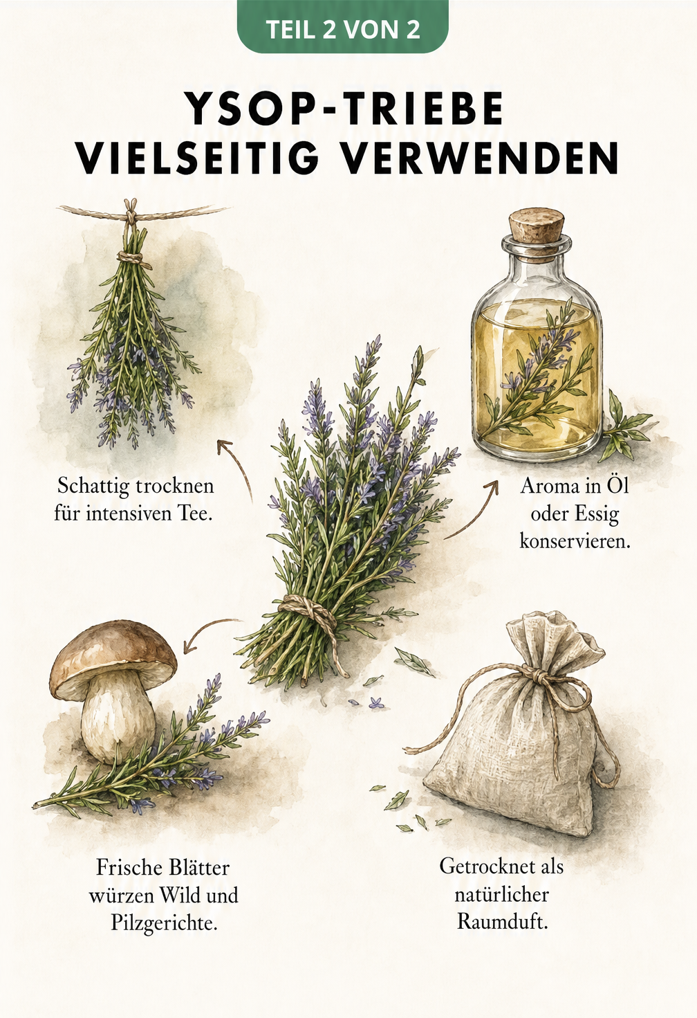 Illustration von abgeschnittenen Ysop-Trieben auf einer Arbeitsplatte mit Beispielen zur Verwendung als Tee, in Öl, als Gewürz und als Raumduft