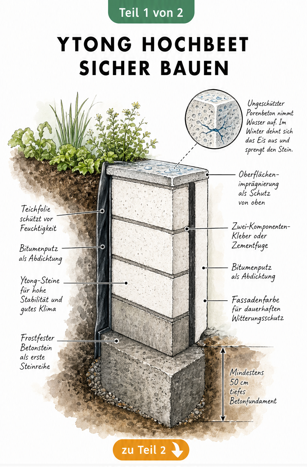 Querschnitt einer Hochbeet-Wand aus Ytong mit Betonfundament, Bitumenputz, Teichfolie und Fassadenfarbe als Schutzschichten
