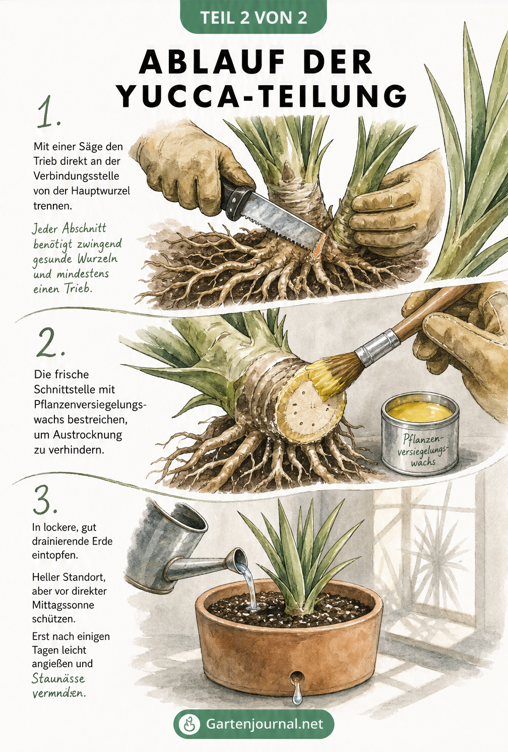 Illustration des Ablaufs der Yucca-Teilung: Ableger abtrennen, Schnittstelle versiegeln und neu eintopfen