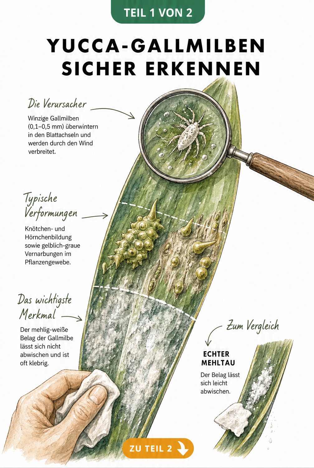 Botanische Illustration eines Yucca-Blattes mit mikroskopischer Vergrößerung einer Gallmilbe, Deformationen und mehlig-weißem Belag.