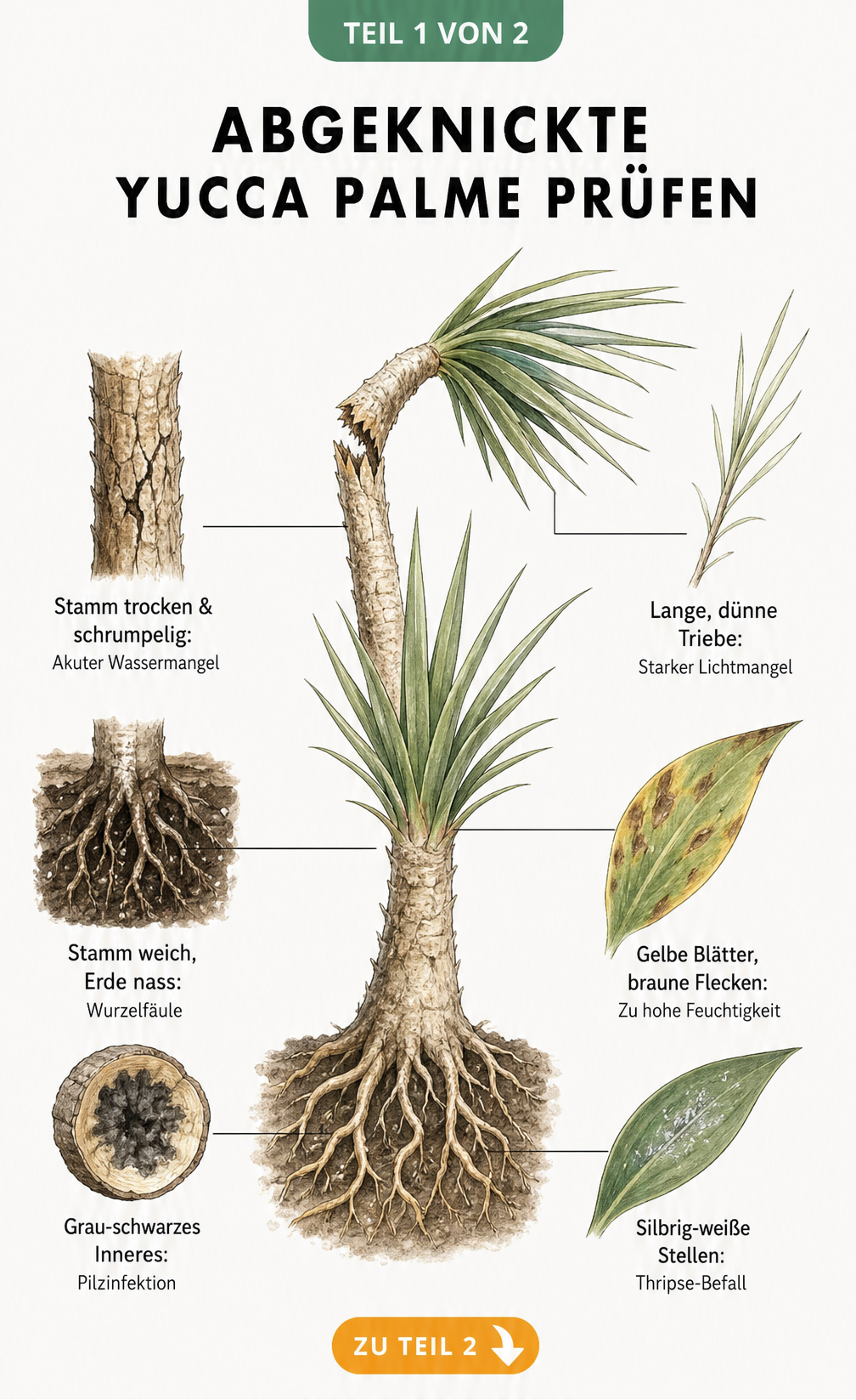 Querschnitt einer Yucca-Palme mit abgeknicktem Trieb und Schadbildern wie Wurzelfäule, Wassermangel und Thripse-Befall