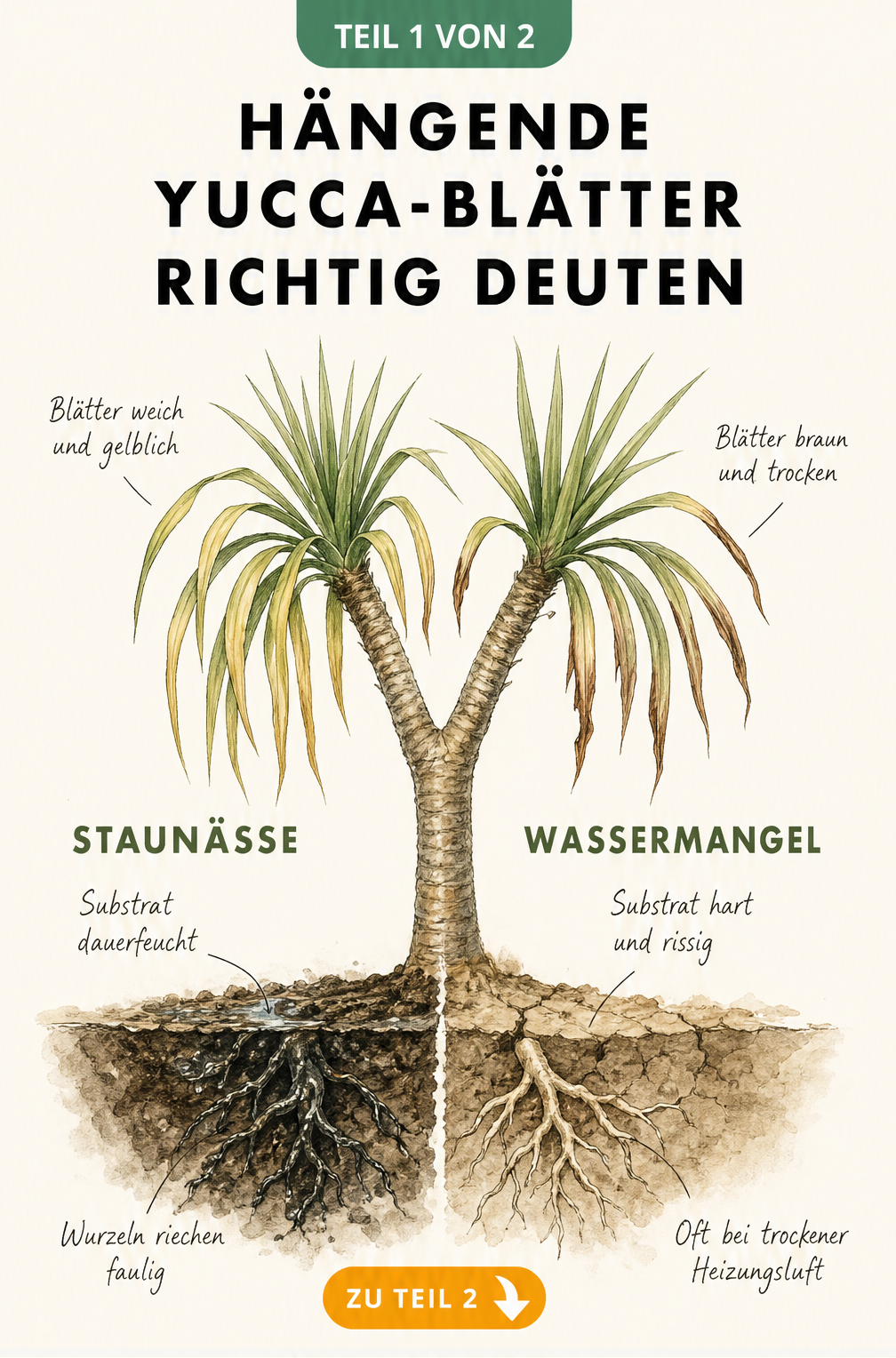 Botanische Illustration einer Yucca-Palme, die die Symptome von Staunässe und Wassermangel an den Blättern und Wurzeln gegenüberstellt.