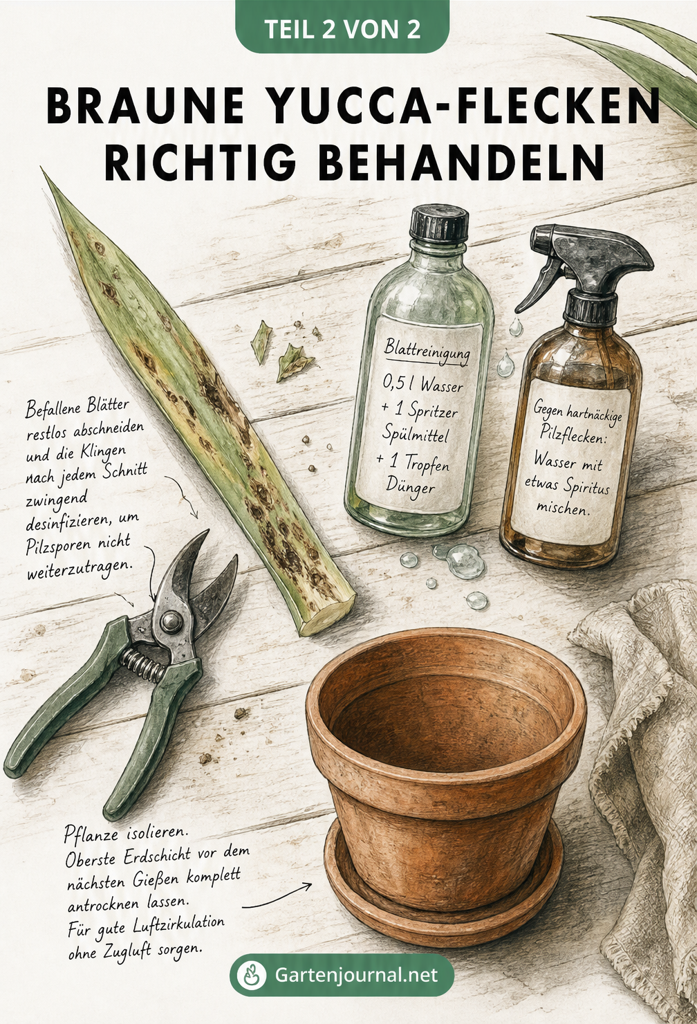Illustration einer Ersten-Hilfe-Station für Yucca-Palmen mit Gartenschere, abgetrenntem Blatt mit Pilzflecken, Hausmitteln in Sprühflaschen und einem frischen...