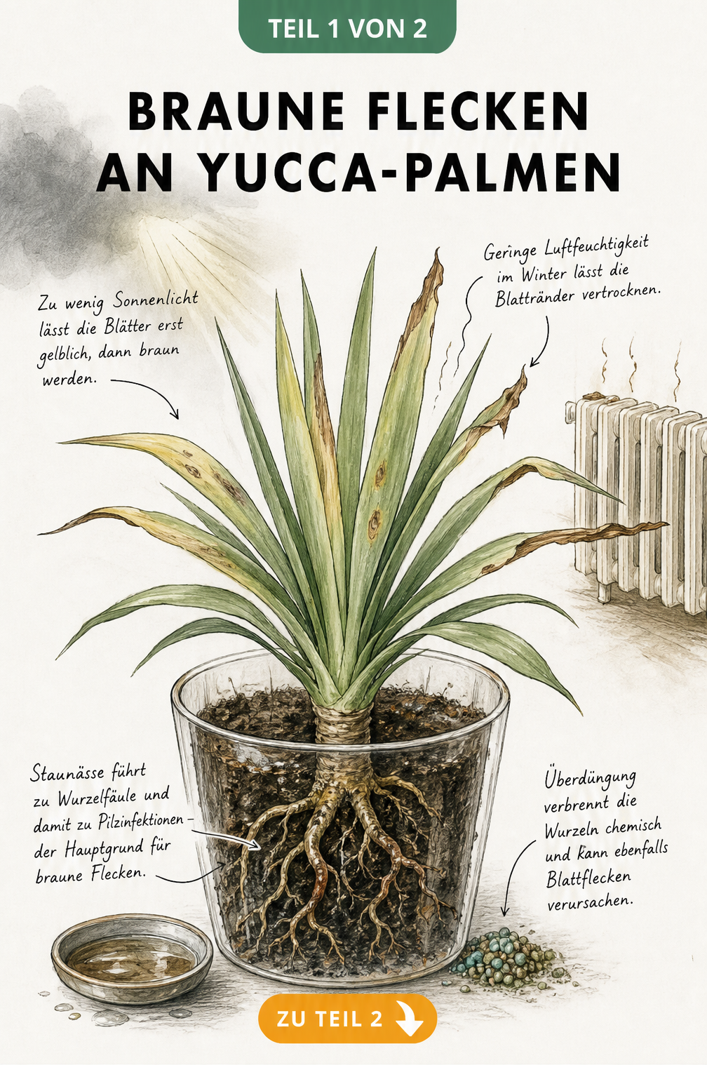 Botanische Querschnitt-Illustration einer Yucca-Palme im Topf, die Ursachen für braune Flecken wie Lichtmangel, trockene Heizungsluft, Staunässe und...