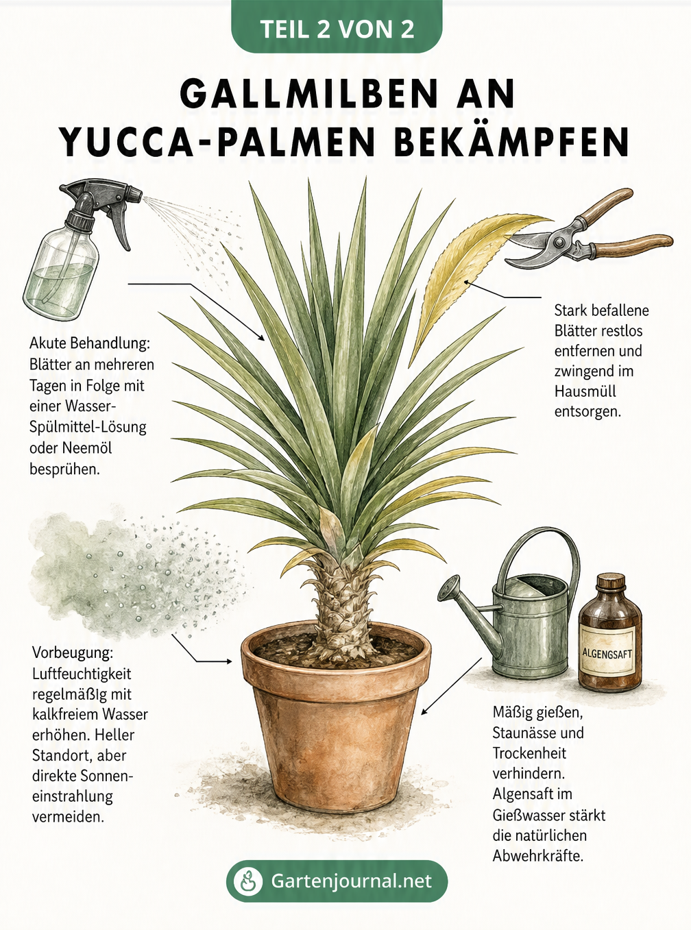 Illustration einer Yucca-Palme mit vier Pflegetipps zur Bekämpfung und Vorbeugung von Gallmilben