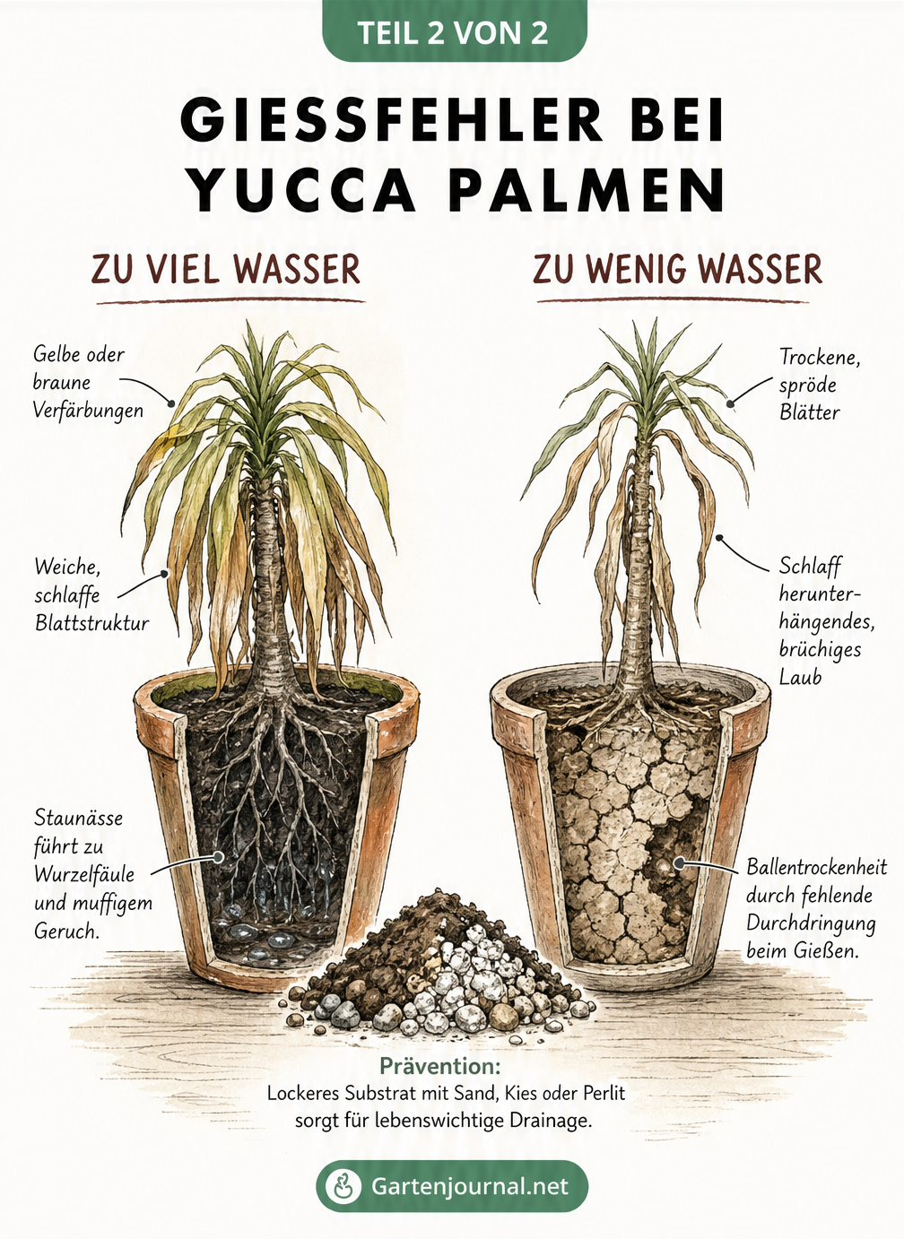 Vergleich zweier kranker Yucca-Palmen: Eine leidet unter zu viel Wasser mit gelben Blättern und Wurzelfäule, die andere unter Trockenheit mit spröden Blättern.