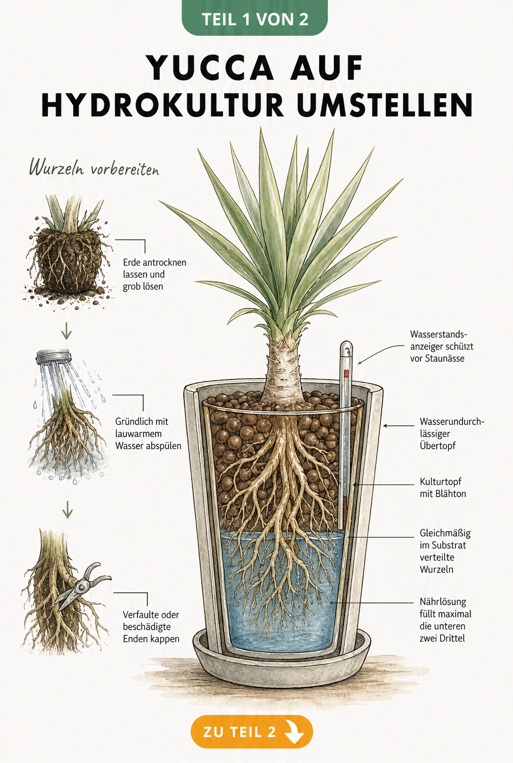 Querschnitt eines Pflanzgefäßes für die Hydrokultur einer Yucca Palme mit Blähton und Wasserstandsanzeiger