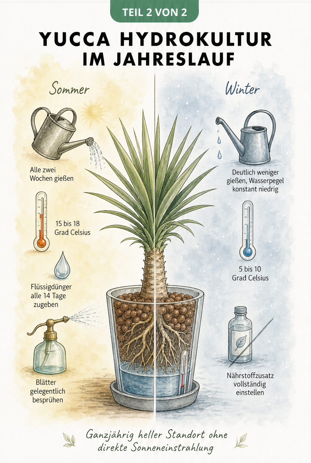 Illustration der Pflegebedürfnisse einer Yucca Palme in Hydrokultur im Sommer und Winter
