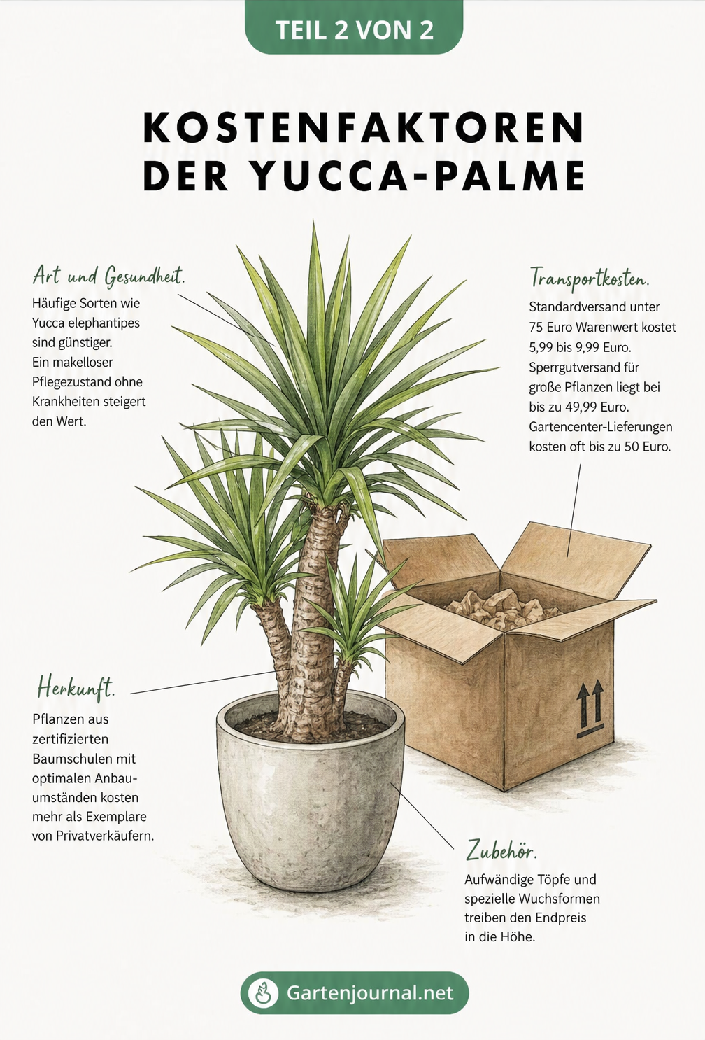 Skizze einer Yucca-Palme und eines Versandkartons mit Erklärungen zu Kostenfaktoren wie Art, Herkunft, Zubehör und Transport