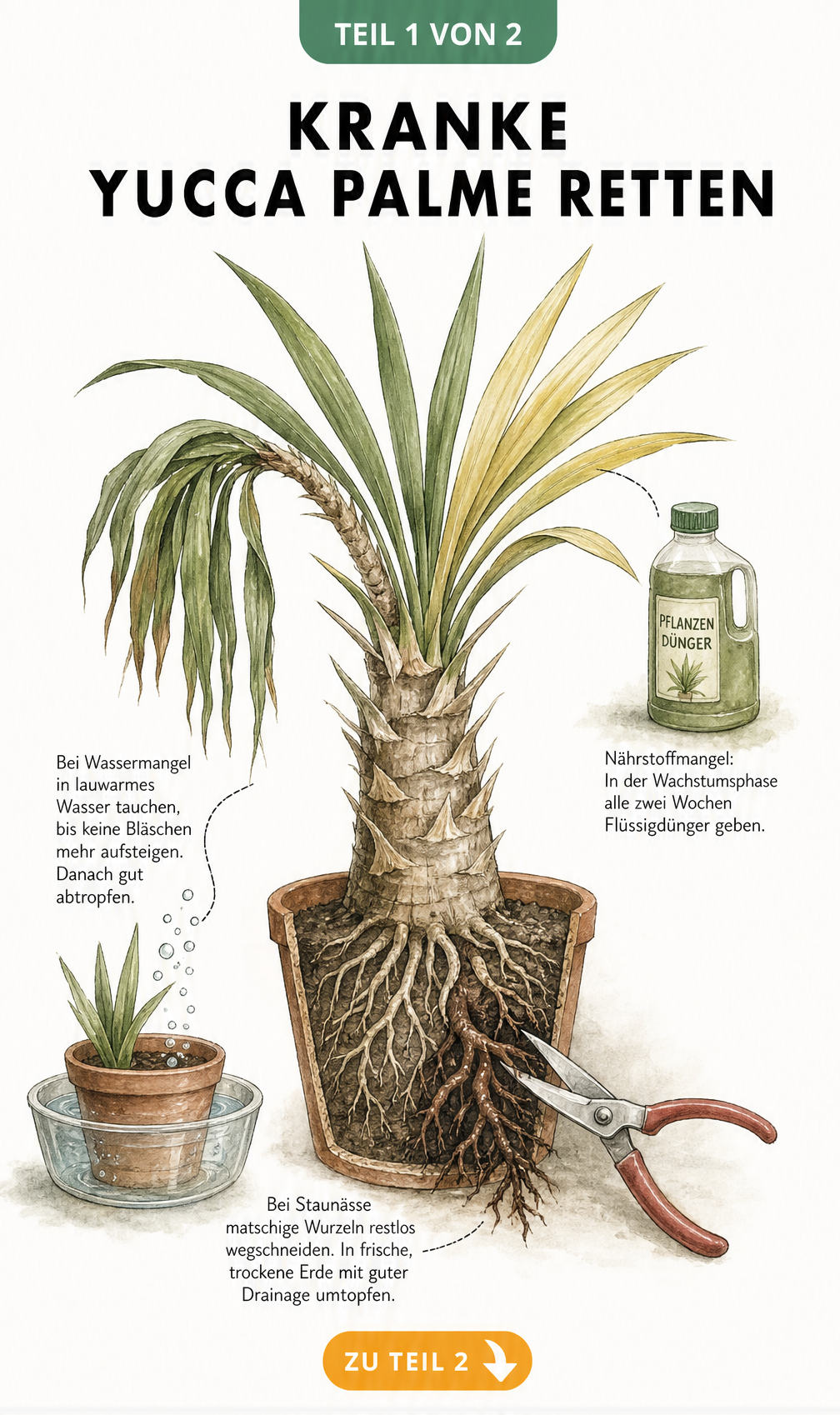 Illustration einer kranken Yucca-Palme im Querschnitt-Topf mit Lösungen für Wassermangel, Nährstoffmangel und Staunässe