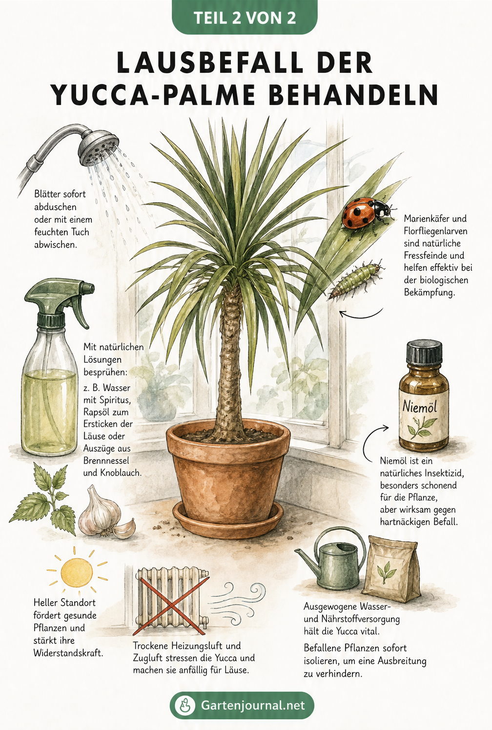 Skizze einer Yucca-Palme mit Behandlungsmethoden wie Abduschen, Sprühlösungen und Nützlingen