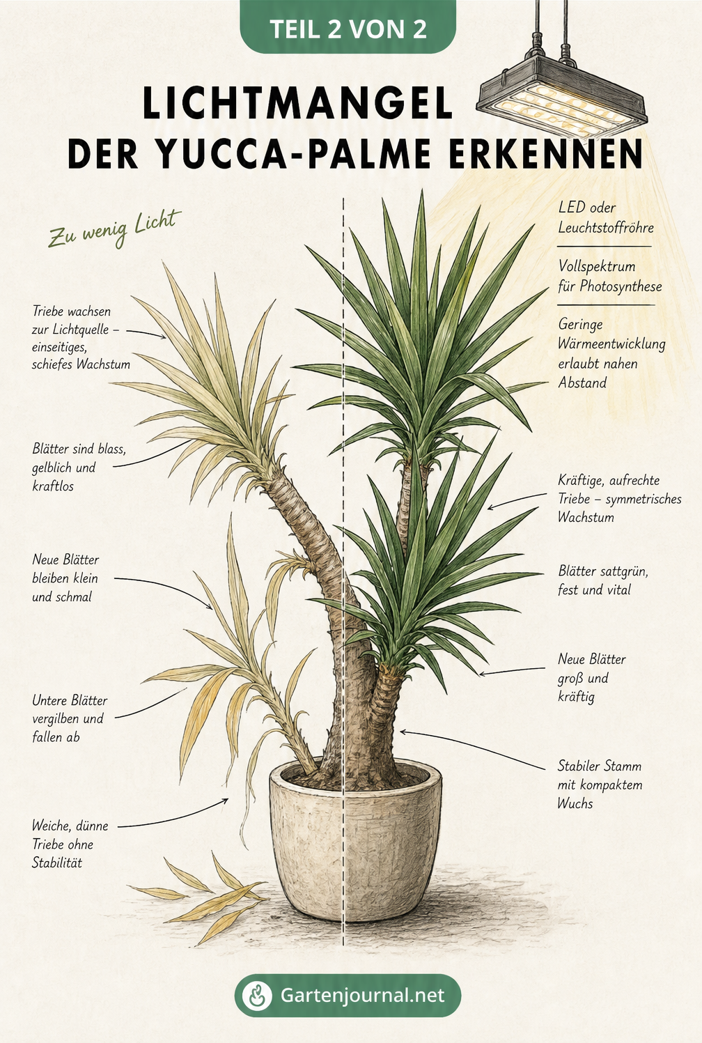 Botanische Illustration einer Yucca-Palme, die links Symptome von Lichtmangel zeigt und rechts gesund unter einer LED-Pflanzenlampe wächst