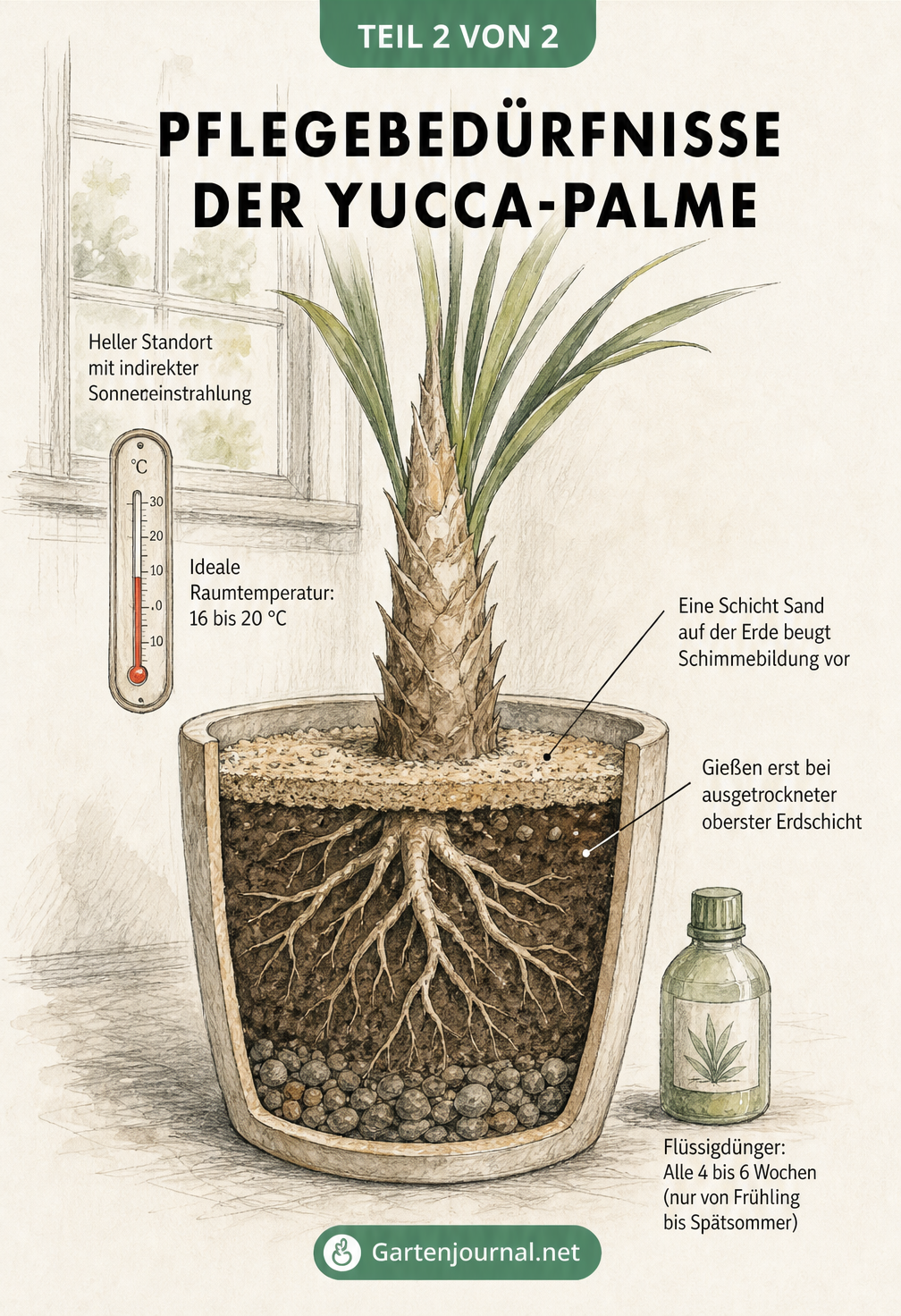 Querschnitt eines Pflanztopfes mit Yucca-Palme, der Gießverhalten und Standortbedingungen zeigt