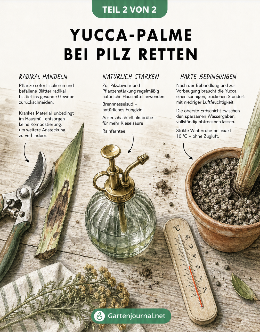 Aquarell-Illustration eines Pflanztisches mit Gartenschere, krankem Yucca-Blatt, Sprühflasche mit Hausmitteln und einem Tontopf in trockener Erde