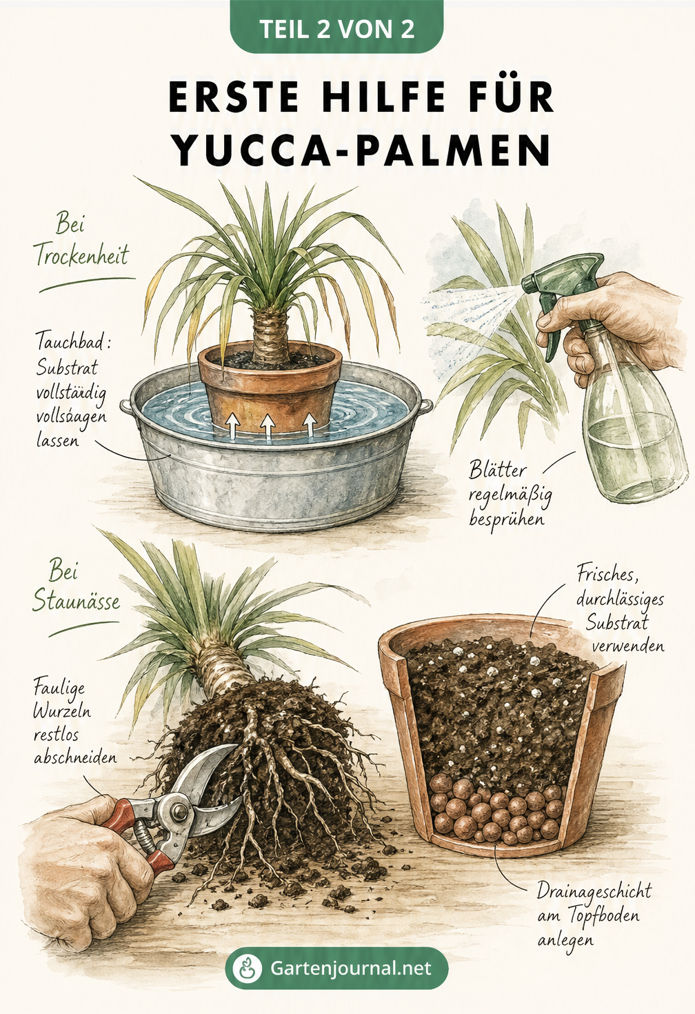 Illustration von Erste-Hilfe-Maßnahmen für Yucca-Palmen: Tauchbad bei Trockenheit und Wurzelbeschnitt sowie neues Substrat bei Staunässe.