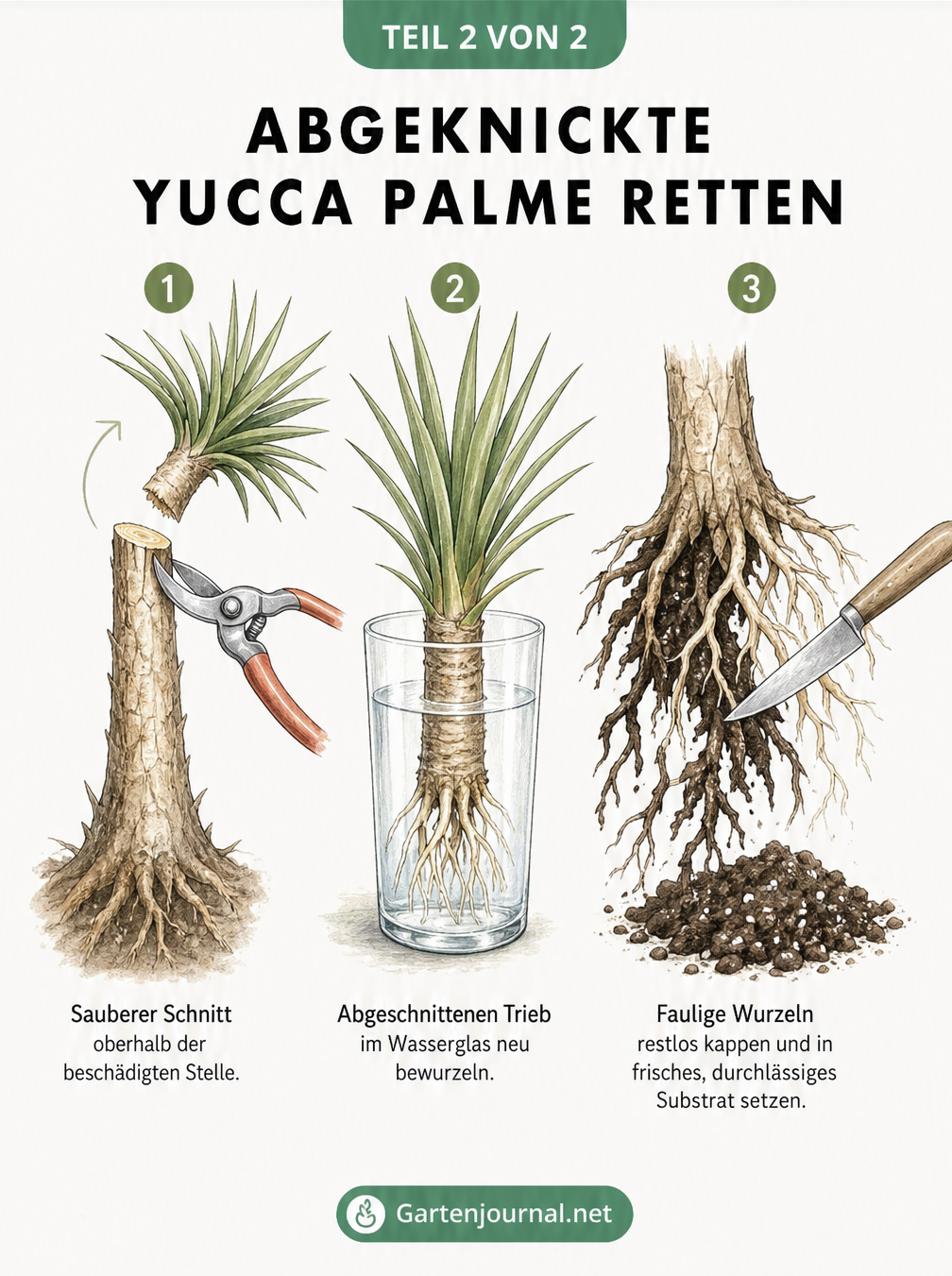 Drei Schritte zur Rettung einer Yucca-Palme: Sauberer Schnitt, Bewurzelung im Wasserglas und Entfernen fauliger Wurzeln