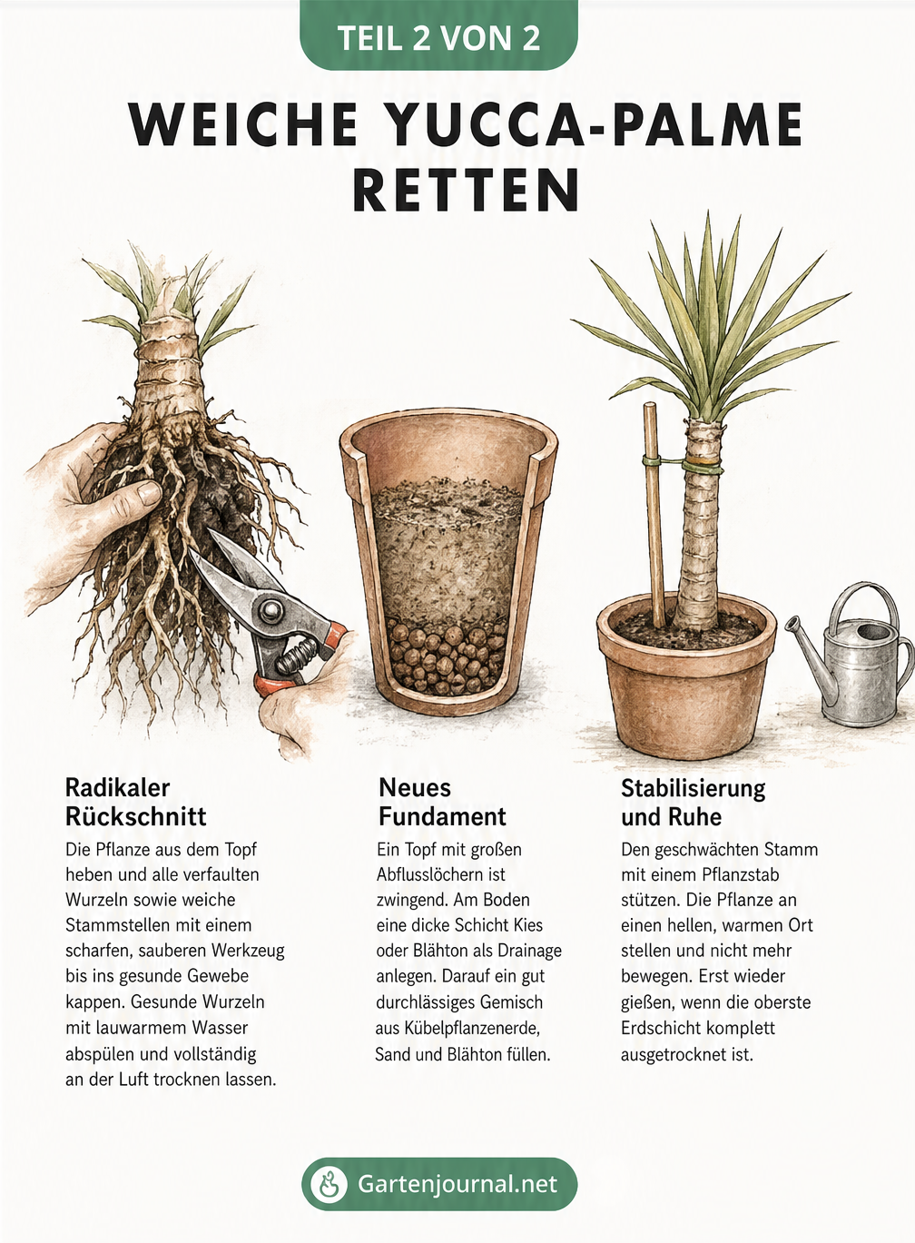 Skizzen zur Rettung einer Yucca-Palme: Wurzeln schneiden, Drainage anlegen und Stamm stützen