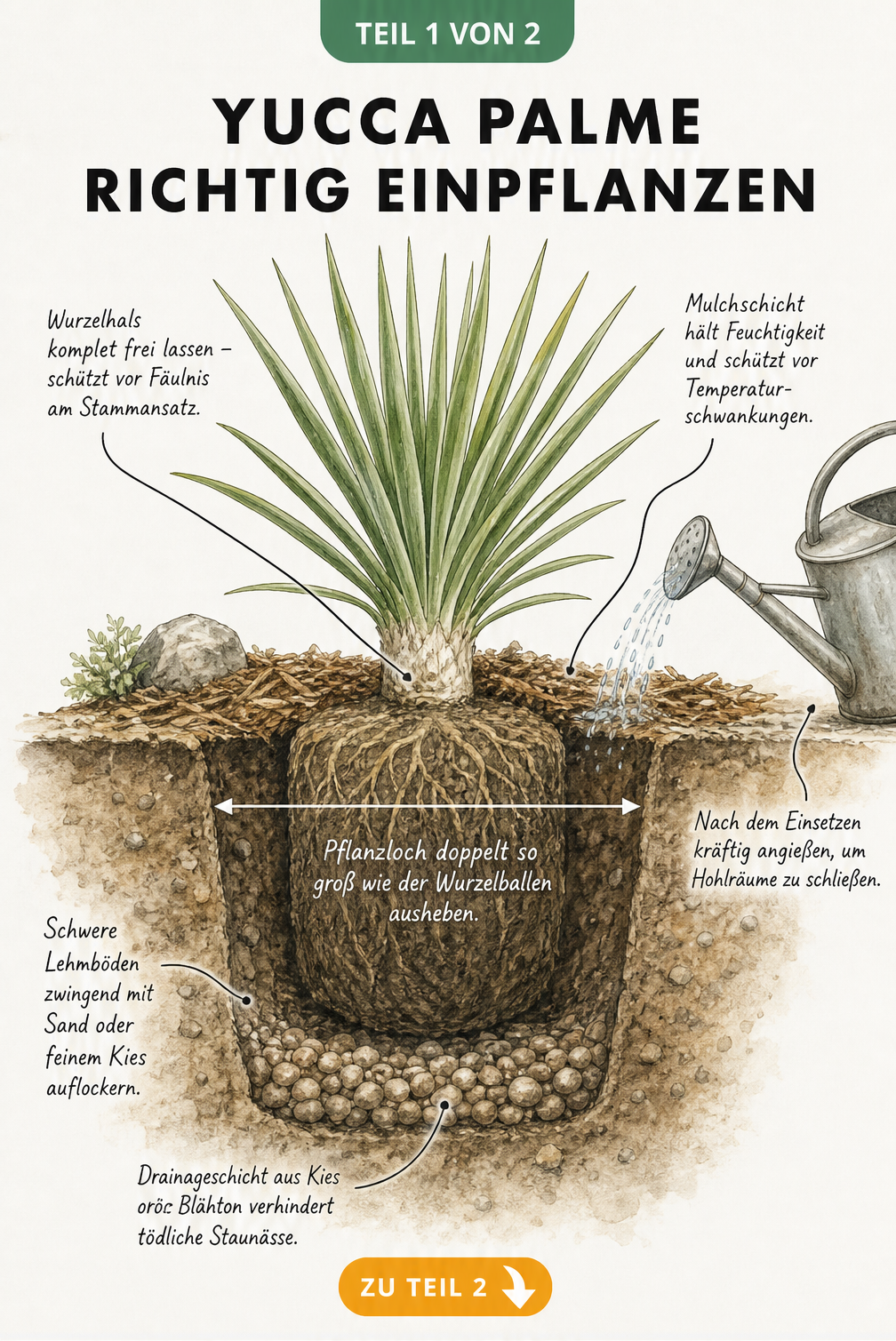 Querschnitt eines Bodens mit einer frisch eingepflanzten Yucca-Palme, der die richtige Pflanztiefe, Drainageschicht und Mulchschicht zeigt
