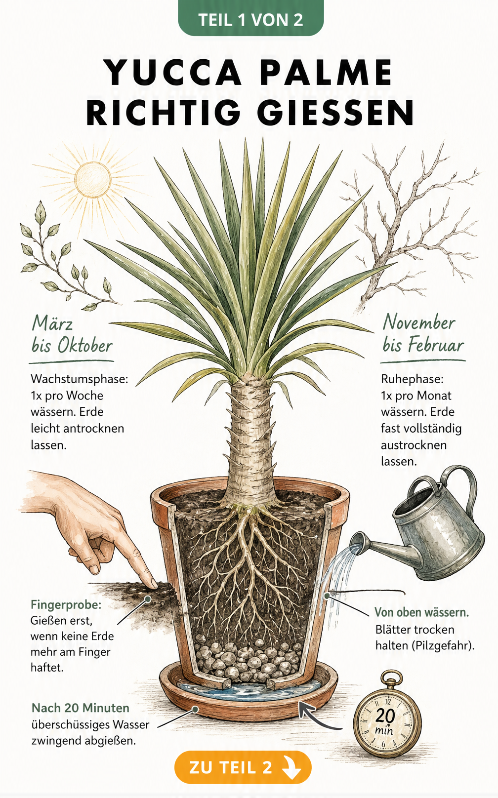 Botanische Schnittzeichnung einer Yucca-Palme im Topf, die den Gießrhythmus und die richtige Gießtechnik mit Fingerprobe und Drainage zeigt.