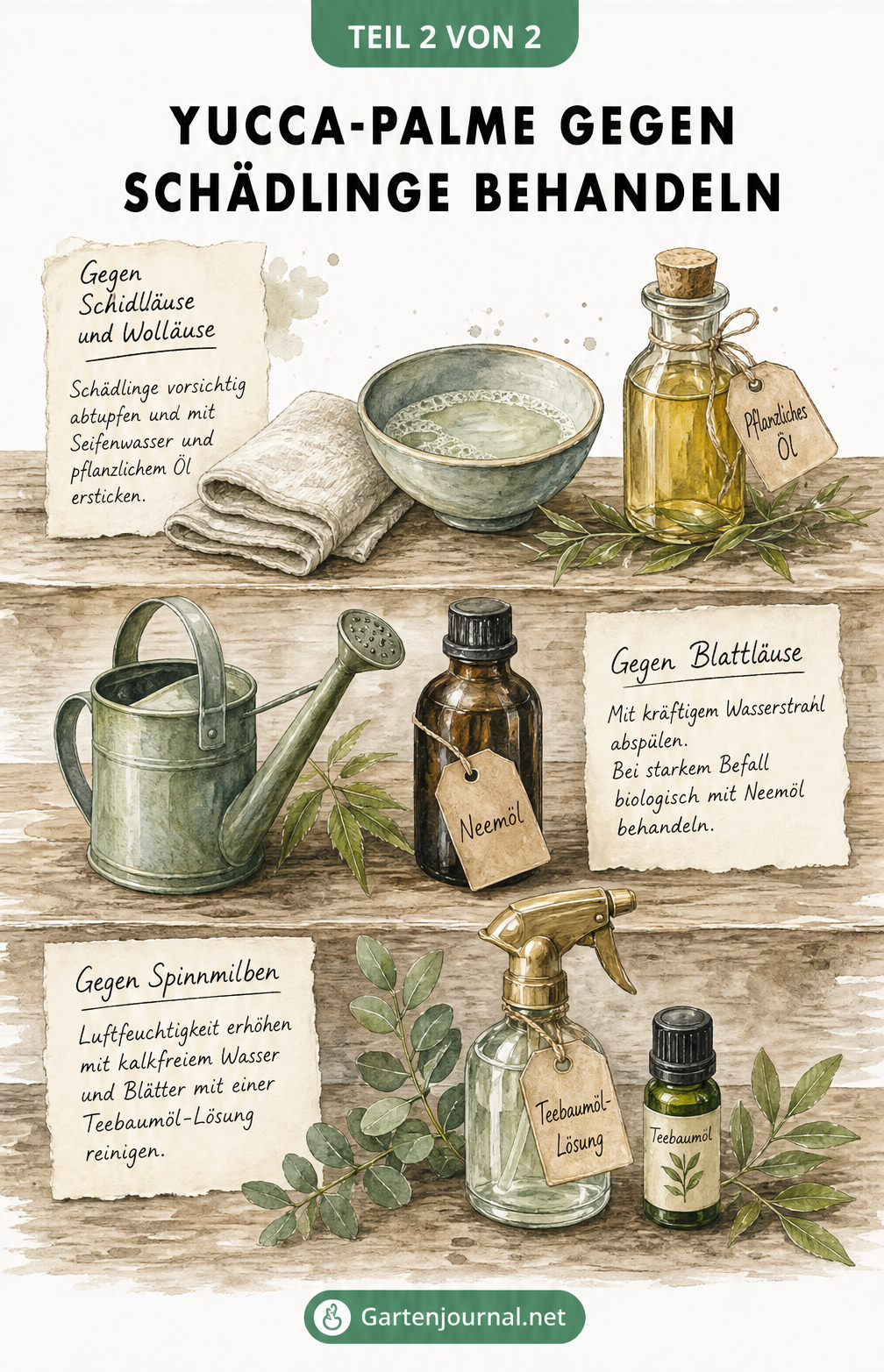 Aquarell-Illustration eines Pflanztisches mit Hausmitteln wie Seifenwasser, Neemöl und Teebaumöl zur Schädlingsbekämpfung