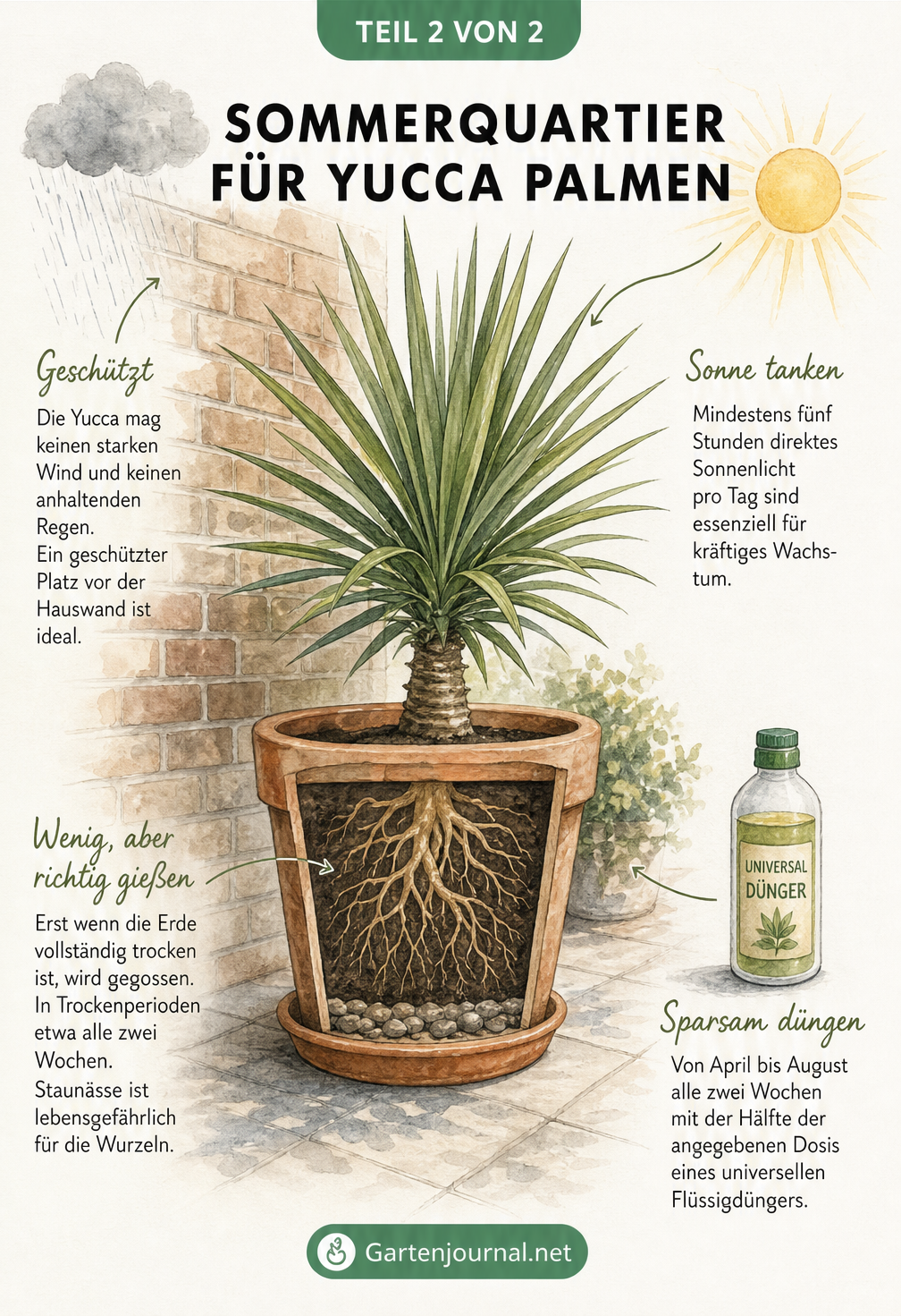 Illustration einer Yucca-Palme im Terrakotta-Kübel vor einer Backsteinwand, mit Hinweisen zu Sonne, Windschutz, Gießen und Düngen