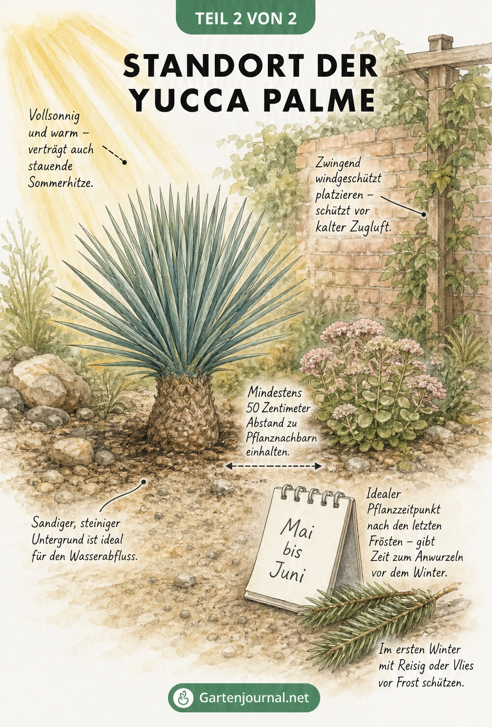 Aquarellierte Gartenszene mit einer Yucca-Palme an einem sonnigen, windgeschützten Standort mit sandigem Boden