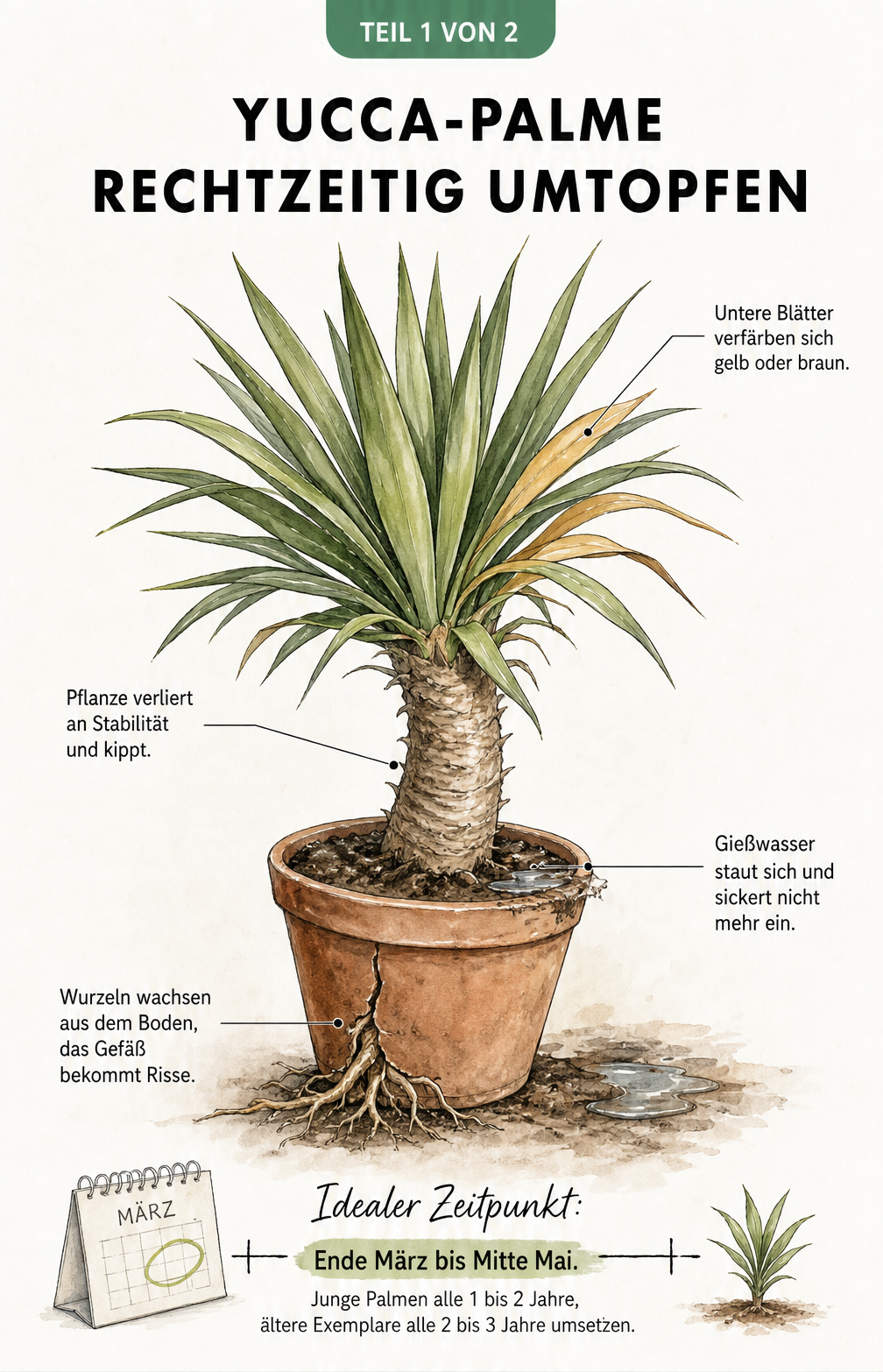 Illustration einer Yucca-Palme in einem zu kleinen Topf mit Warnsignalen wie gelben Blättern und herauswachsenden Wurzeln