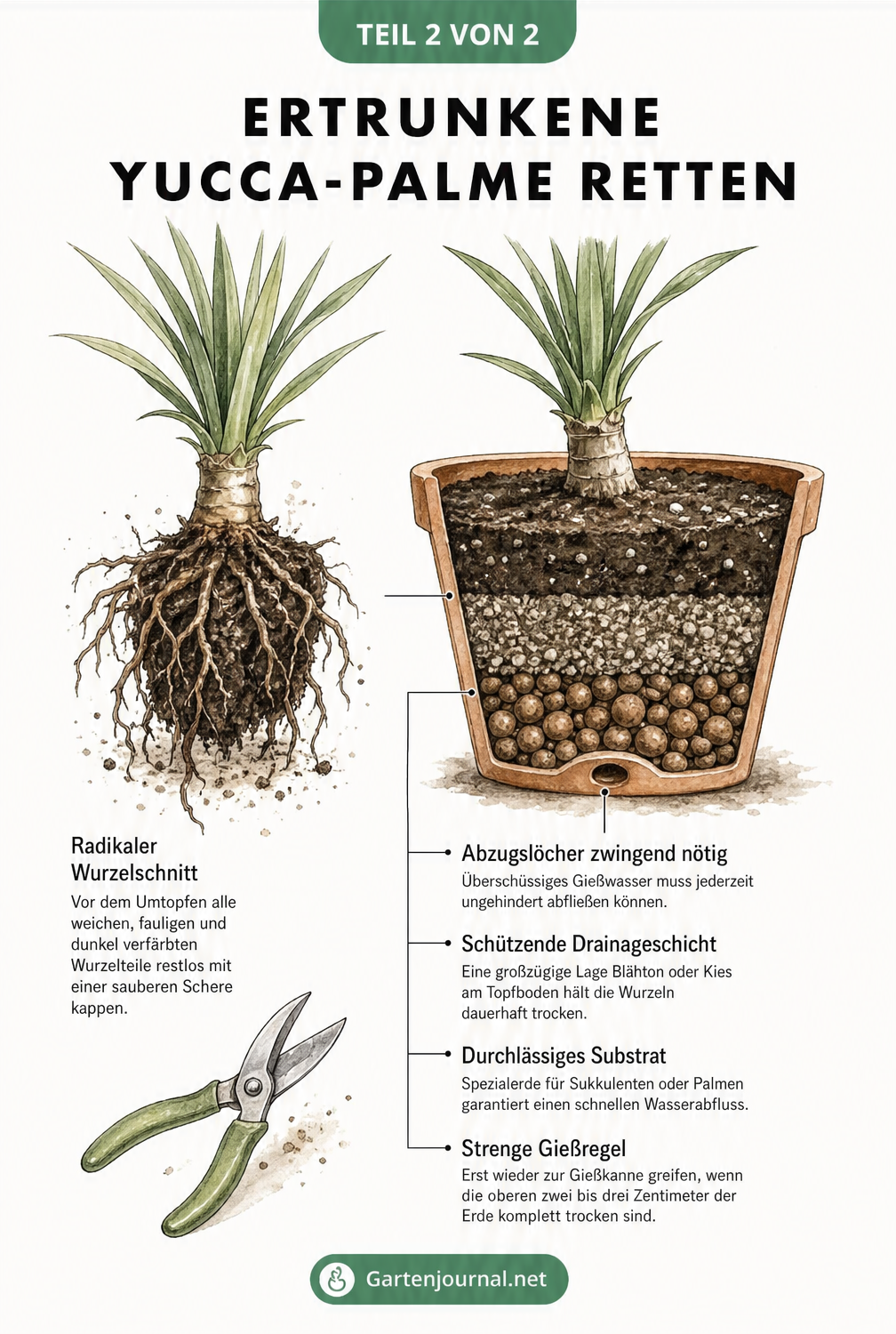 Querschnitt eines Blumentopfs mit einer Yucca-Palme, der den idealen Aufbau mit Drainageschicht und durchlässigem Substrat zeigt