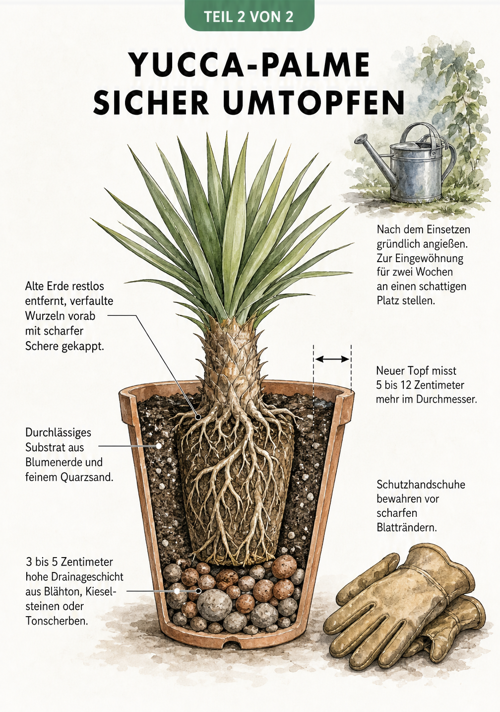 Querschnitt-Zeichnung eines Blumentopfs mit einer Yucca-Palme, die den Schichtaufbau aus Drainage, Substrat und Wurzelballen zeigt